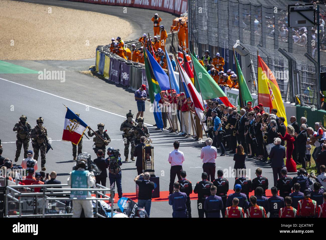 Arrival of the french start flag during the 2022 24 Hours of Le Mans, 3rd round of the 2022 FIA World Endurance Championship, on the Circuit de la Sarthe, from June 11 to 12, 2022 in Le Mans, France - Photo: Germain Hazard/DPPI/LiveMedia Stock Photo