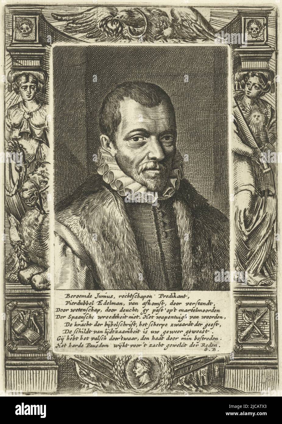 Print printed from two plates Bust of Franciscus Junius, with an eight-line poem in Dutch by Geeraert Brandt Framing with allegorical figures and symbols, Portrait of Franciscus Junius I, print maker: Hendrik Bary, print maker: Romeyn de Hooghe, (attributed to), Geeraert Brandt (I), (mentioned on object), Netherlands, 1657 - 1707, paper, etching, engraving, h 166 mm × w 118 mm × h 131 mm × w 77 mm Stock Photo