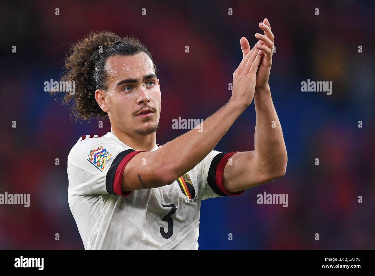 Cardiff, UK. 11th June, 2022. Arthur Theate of Belgium, applauds the travelling supporters in Cardiff, United Kingdom on 6/11/2022. (Photo by Mike Jones/News Images/Sipa USA) Credit: Sipa USA/Alamy Live News Stock Photo