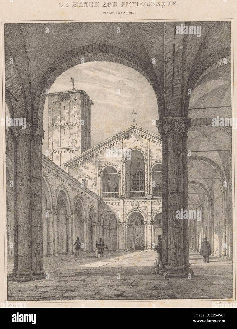 View of the Basilica of St Ambrose in Milan St Ambroise a Milan  Le Moyen Age pittoresque  on object, print maker: Léon Auguste Asselineau, (mentioned on object), Nicolas Marie Joseph Chapuy, (mentioned on object), printer: Benard Lemercier & Cie, (mentioned on object), print maker: Rouen, Paris, printer: Paris, publisher: Paris, 1837 - 1839, paper, h 445 mm × w 300 mm Stock Photo