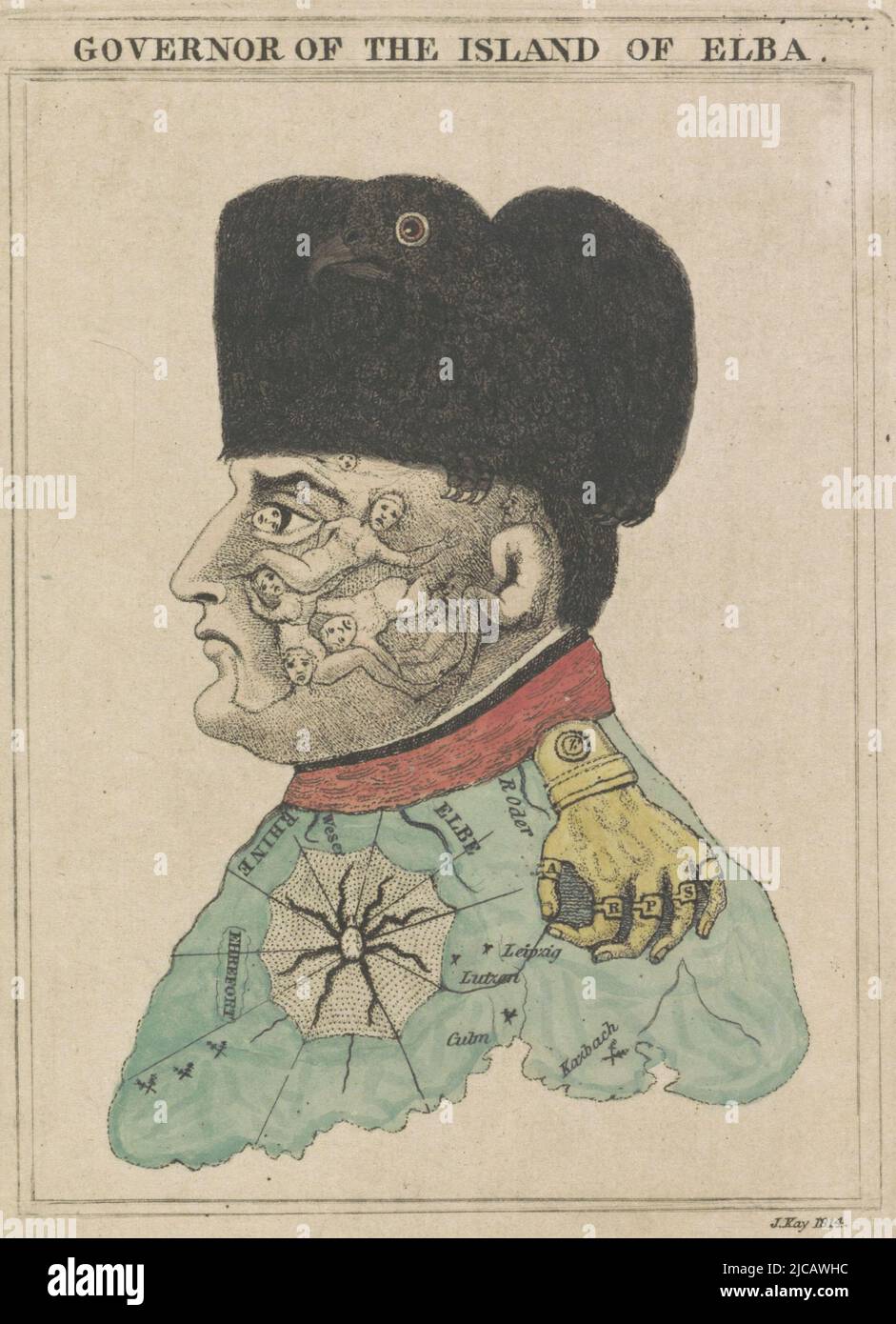 Cartoon of Napoleon, 1814 where his face is made up of the corpses of his victims, his hat is the Prussian eagle, his epaulette is a grasping hand whose fingers bear rings with the letters A, R, P and S The collar is a river of blood, his coat the battlefield of Europe and the insignia of the Legion of Honor on his chest is a spider's web At the time of his exile to Elba In the caption a six-line statement in English, Cartoon on Napoleon, 1814 Governor of the Island of Elba , print maker: John Kay, (mentioned on object), England, 1814, paper, etching, h 168 mm × w 97 mm Stock Photo