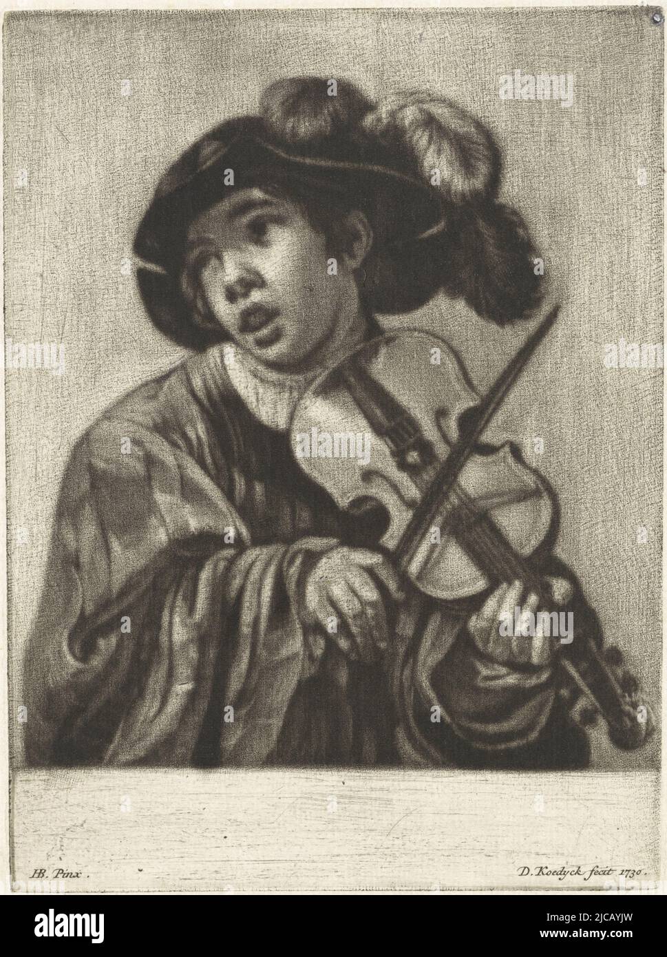 A boy, wearing a feathered hat on his head, plays a violin, Violin Player, print maker: Dirk Koedijck, (mentioned on object), after: Hendrick ter Brugghen, (mentioned on object), Zaandam, 1730, paper, engraving, h 168 mm × w 125 mm Stock Photo