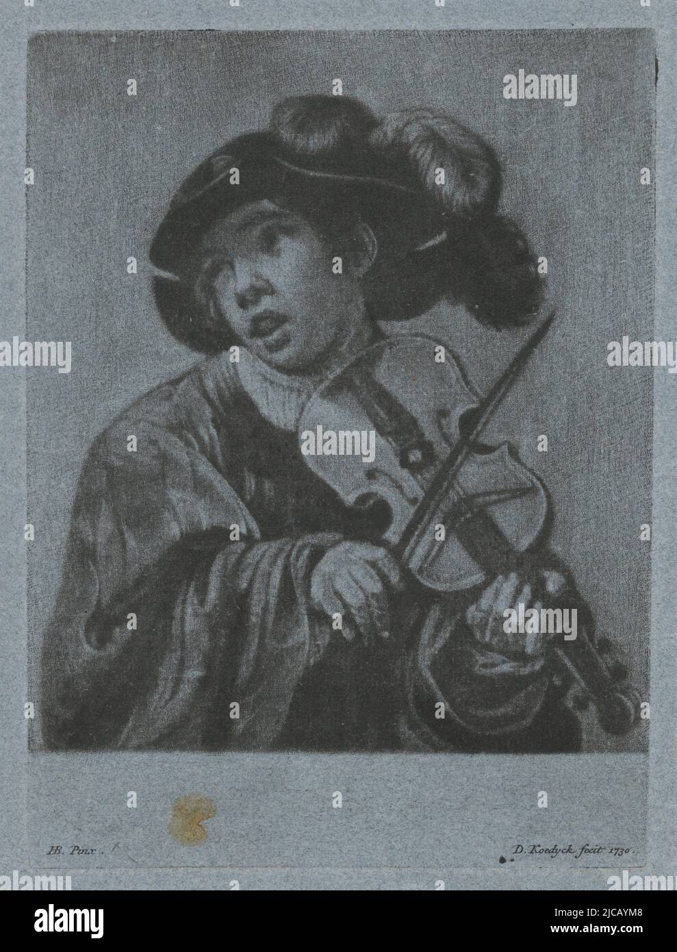 A boy, wearing a feathered hat on his head, plays a violin, Violin Player, print maker: Dirk Koedijck, (mentioned on object), after: Hendrick ter Brugghen, (mentioned on object), Zaandam, 1730, paper, h 168 mm × w 125 mm Stock Photo