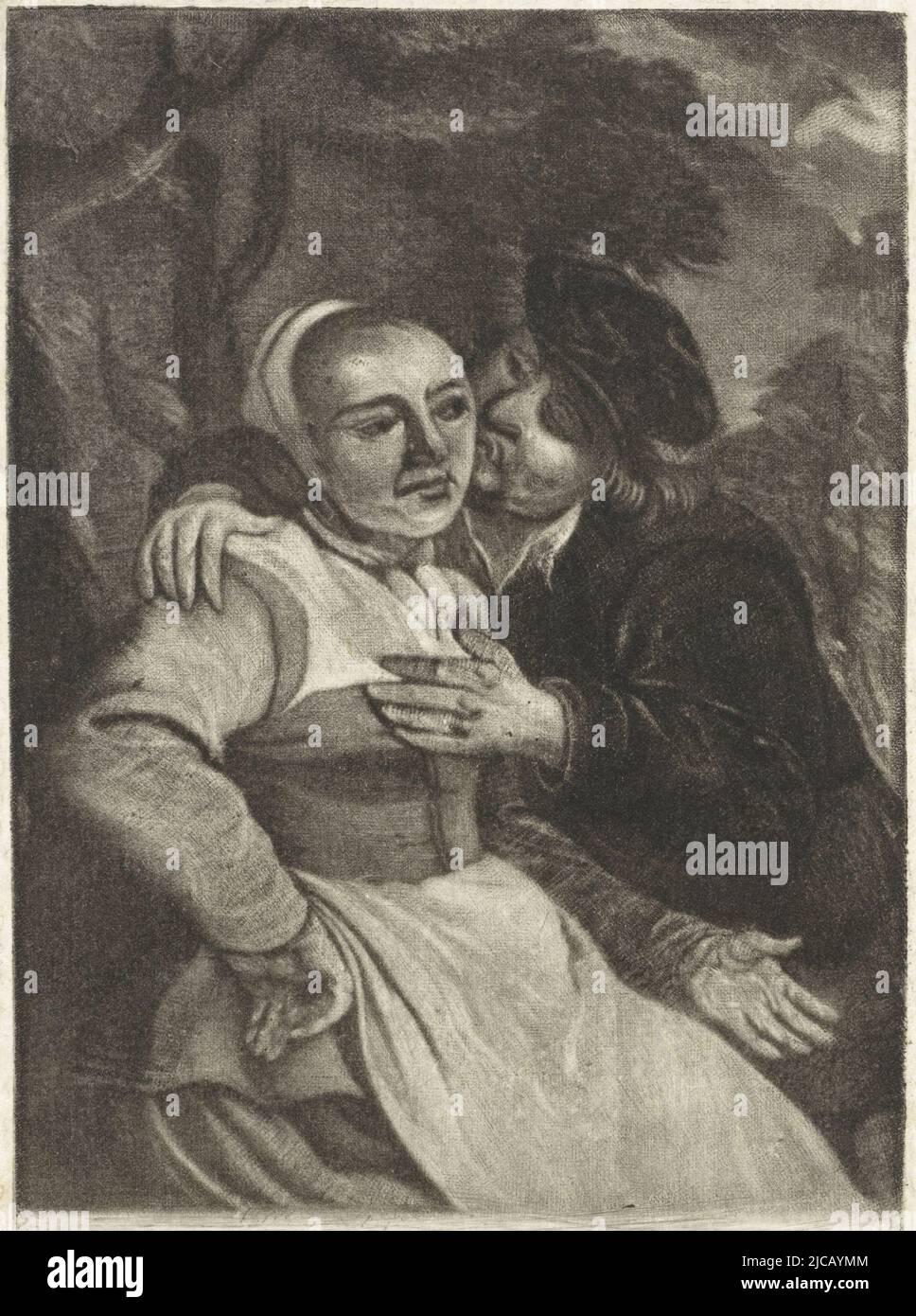 A man embraces a woman and gives her a kiss on the cheek She holds up her hand, Man embraces a woman, print maker: Dirk Koedijck, (mentioned on object), Jan Miense Molenaer, (mentioned on object), Zaandam, 1731, paper, engraving, h 139 mm × w 95 mm Stock Photo