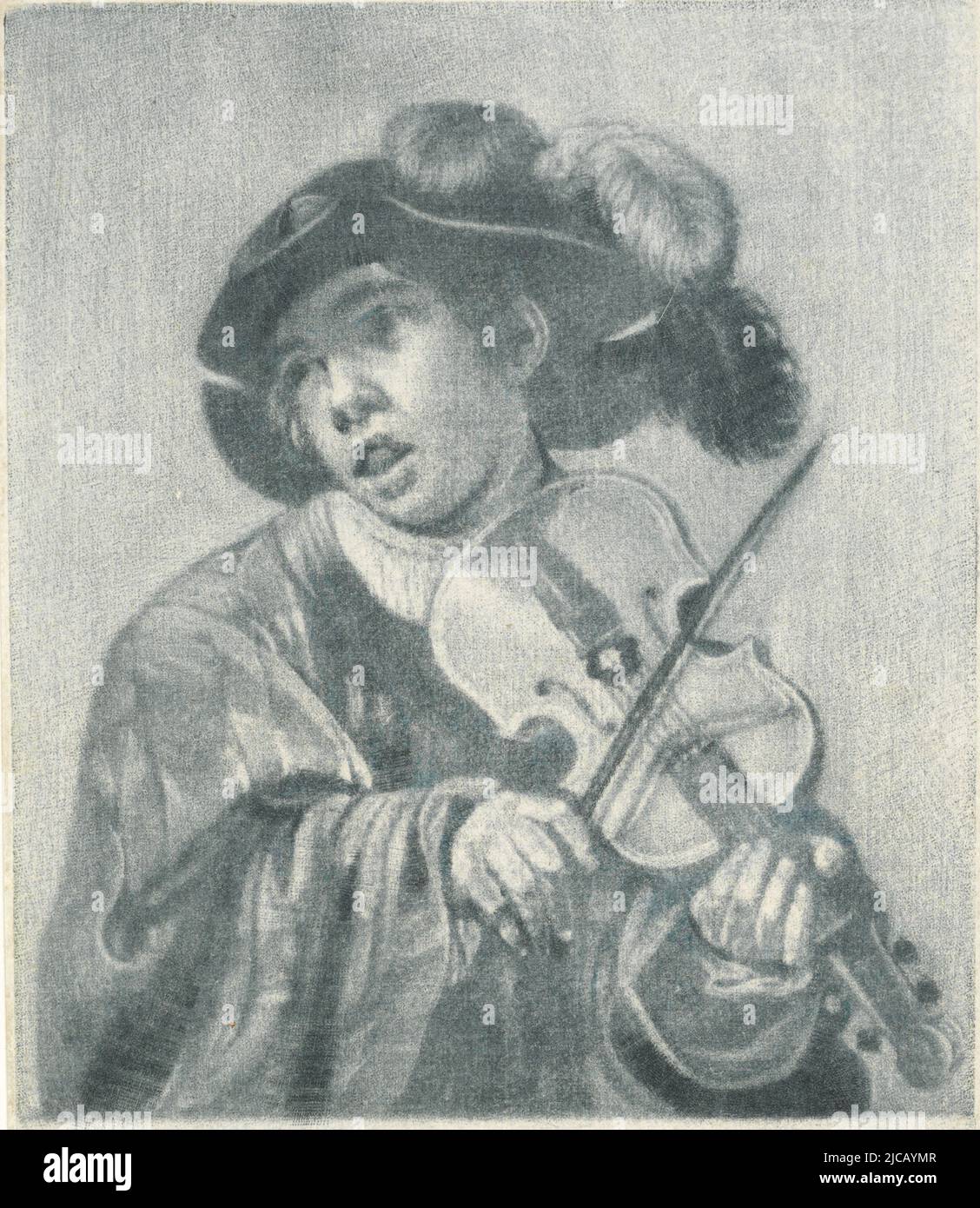 A boy, wearing a feathered hat on his head, plays a violin, Violin Player, print maker: Dirk Koedijck, (mentioned on object), after: Hendrick ter Brugghen, (mentioned on object), Zaandam, 1730, paper, h 168 mm × w 125 mm Stock Photo