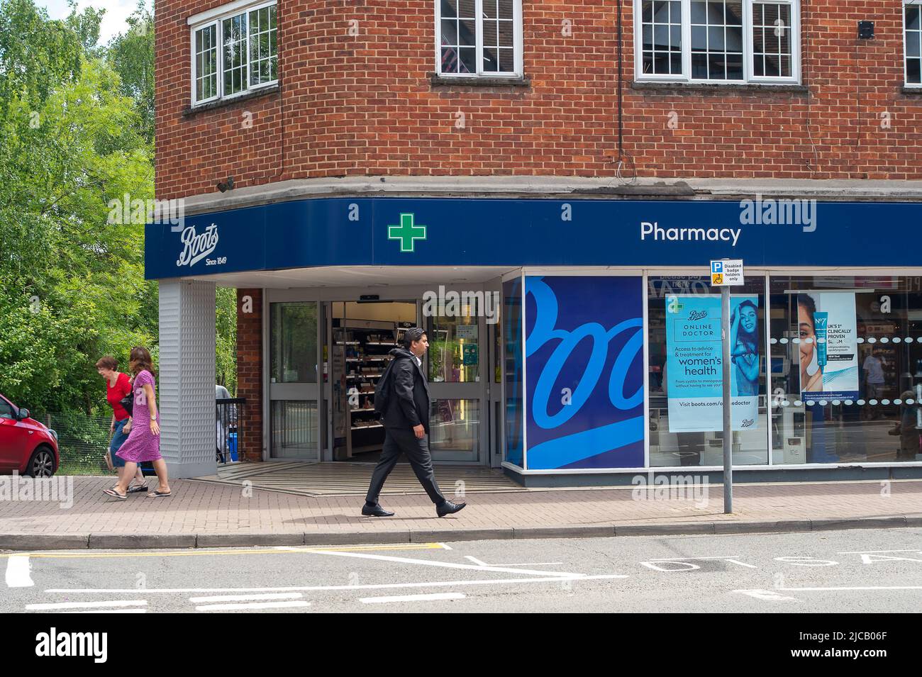 Beaconsfield, UK. 10th June, 2022. Boots Chemists in Beaconsfield New Town. India's reportedly richest man, Mukesh Ambani who owns Hamleys toy store and the former Stoke Park Club and Golf Club is reported to have joined forces with American private equity giant Apollo in a bid to buy the high street chemist. The owners of Asda, the Issa brothers and TDR Capital are also reported to be interested in buying the high street chain. Credit: Maureen McLean/Alamy Live News Stock Photo