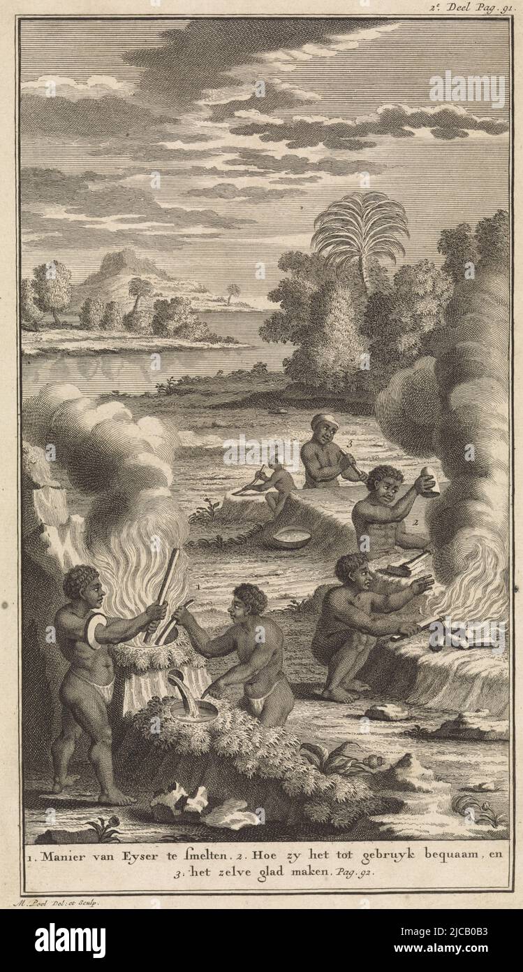 In the foreground two men who have dug a hole in the earth, and are putting fire in it, so that the iron melts In the background they are beating the iron into the desired shape and grinding it smooth on a stone In the margin a legend in Dutch, Khoikhoi smelting and working iron, print maker: Matthijs Pool, (mentioned on object), intermediary draughtsman: Matthijs Pool, (mentioned on object), Amsterdam, 1727, paper, engraving, etching, h 290 mm × w 171 mm Stock Photo