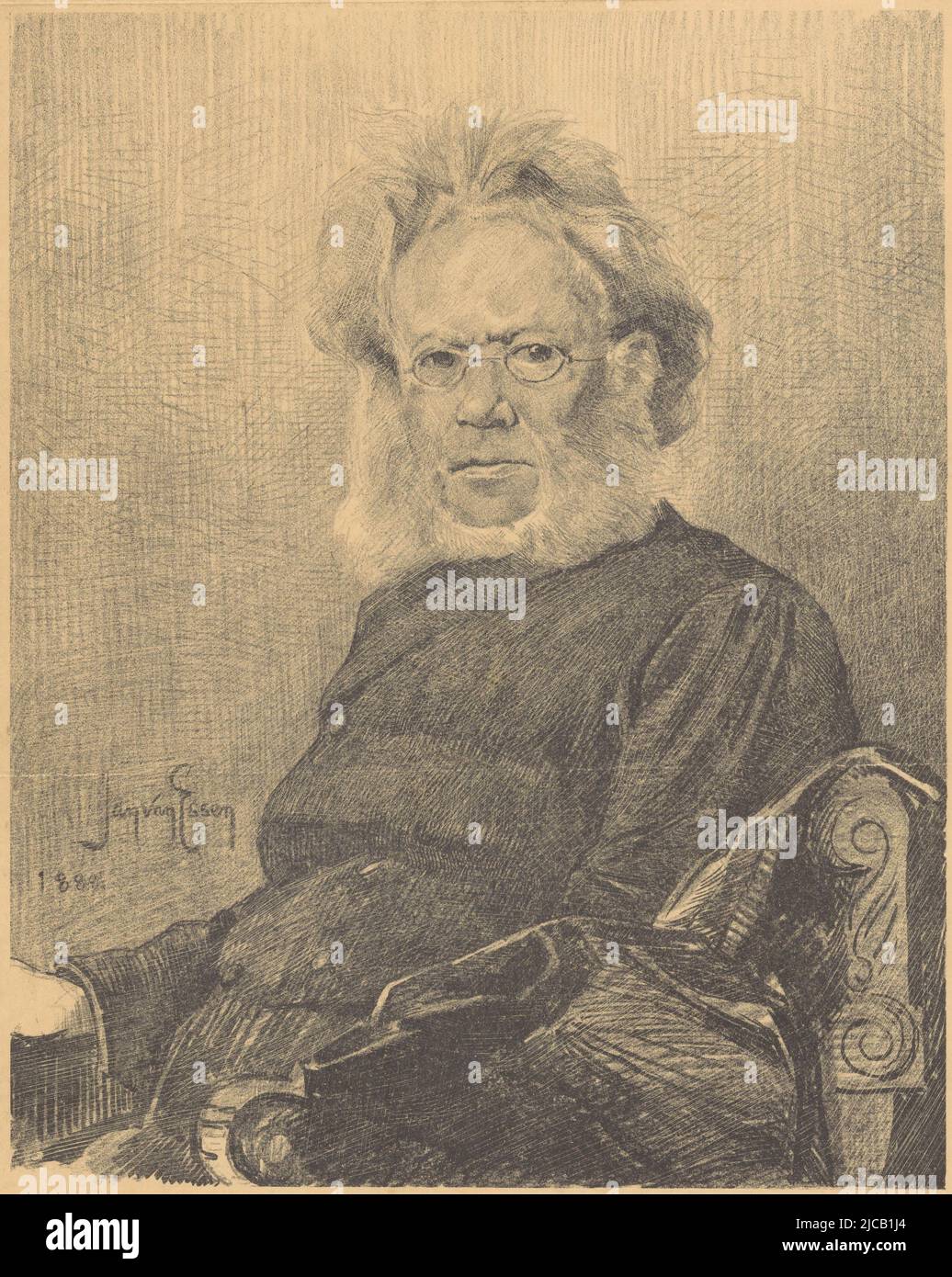 Portrait of Henrik Ibsen, print maker: Jan van Essen, (mentioned on object), printer: Jos. Vas Dias & Co., (mentioned on object), publisher: A. Rössing, (mentioned on object), 1888, paper, h 317 mm × w 230 mm Stock Photo