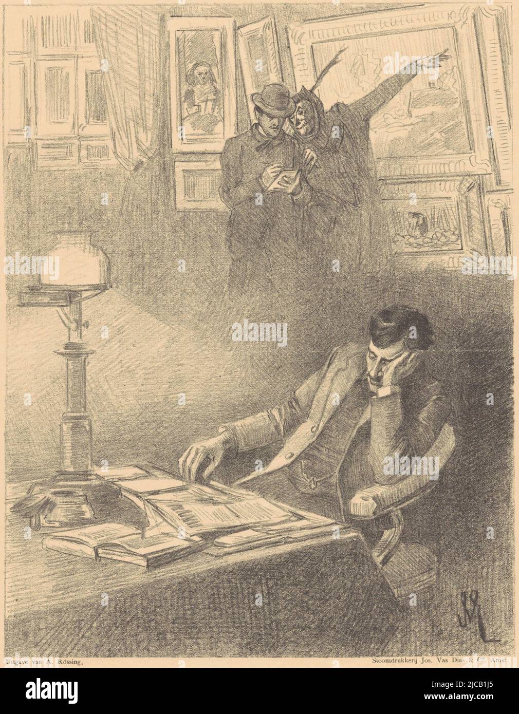 A man seated at a reading table His head is leaning on his hand In the background two men looking at paintings together One of them is making notes on a sheet of paper Beneath the whole a text by Azerbaijani poet Mirza Schaffy, New Year's Eve reverie of a young art critic original , print maker: Jan van Essen, (mentioned on object), printer: Jos. Vas Dias & Co., (mentioned on object), publisher: A. Rössing, (mentioned on object), 1888, paper, h 312 mm × w 230 mm Stock Photo