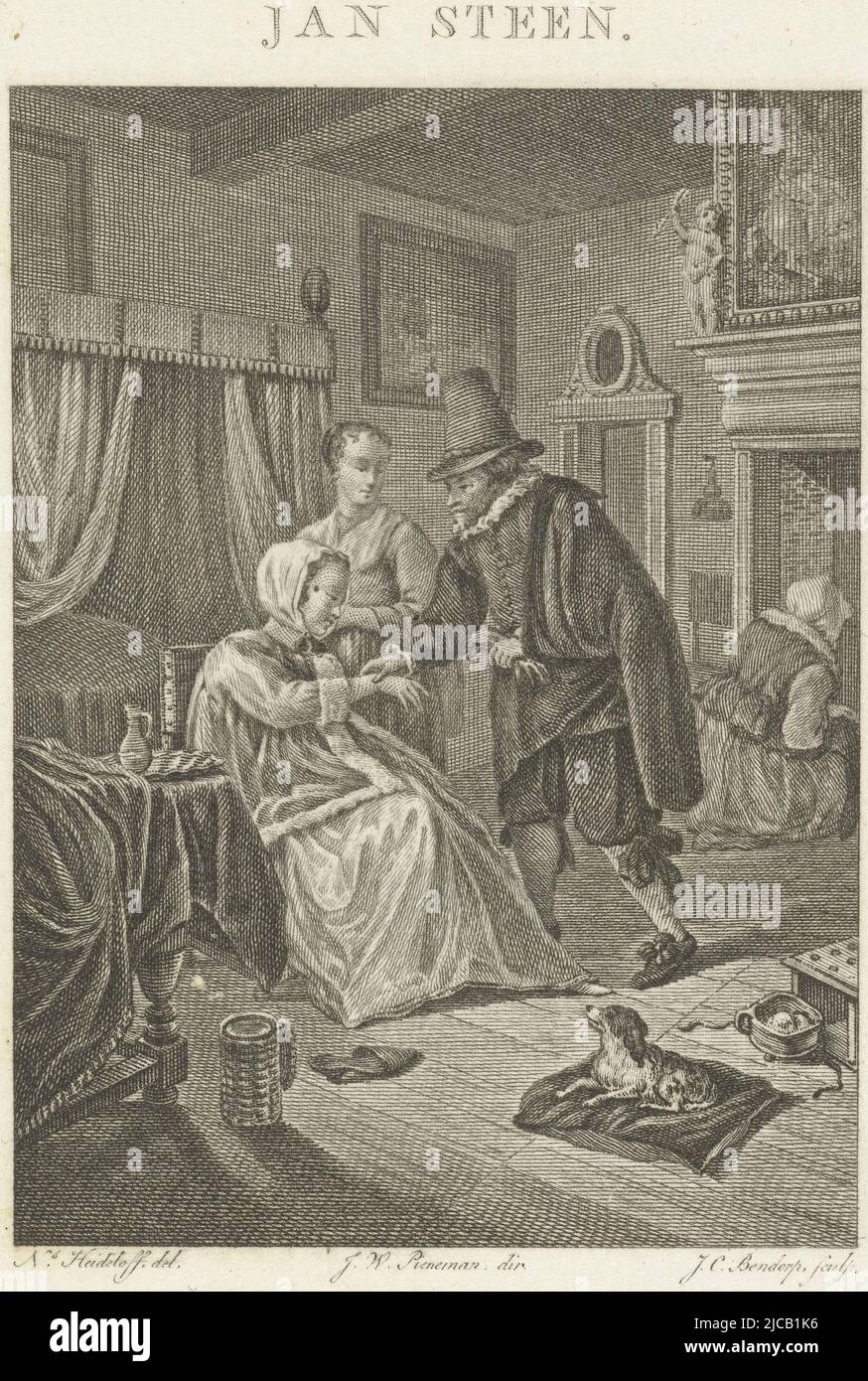 Doctor taking pulse of sick woman in Jan Steen's bedroom , print maker: Johannes Christiaan Bendorp, (mentioned on object), intermediary draughtsman: Nicolaus Heideloff, (mentioned on object), after: Jan Havicksz. Steen, (mentioned on object), Netherlands, 1776 - 1819 and/or 1819, paper, etching, h 104 mm × w 76 mm Stock Photo