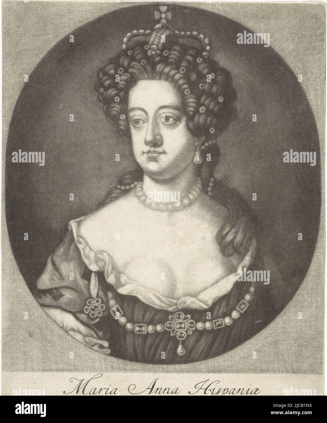 Mary Anna of Palatinate-Neuburg, Queen of Spain, wearing a crown Around the neck she wears a pearl necklace, Portrait of Maria Anna, Queen of Spain, print maker: Matthijs van Marebeek, (mentioned on object), publisher: Matthijs van Marebeek, (mentioned on object), Amsterdam, 1670 - 1699, paper, engraving, h 190 mm × w 140 mm Stock Photo