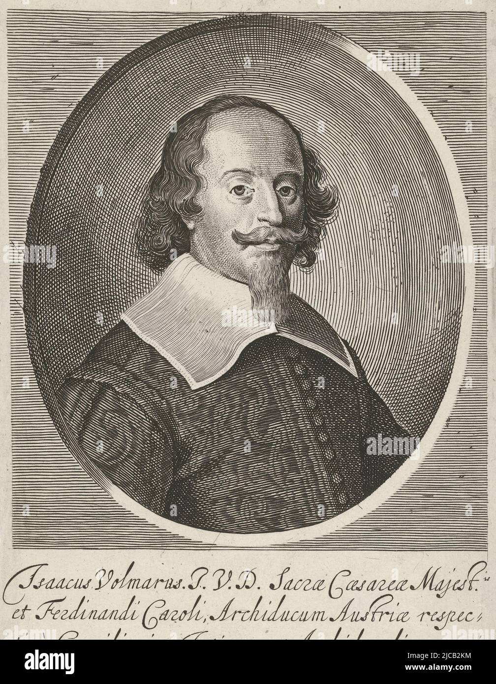 Portrait of Isaak Volmar, negotiator at the Peace of Westphalia Bust to the left in an oval Below in the margin a six-line text in Latin, Portrait of Isaak Volmar, print maker: Pieter Nolpe, publisher: Rombout van den Hoeye, (mentioned on object), Amsterdam, 1644 - 1664, paper, etching, engraving, h 213 mm × w 136 mm Stock Photo