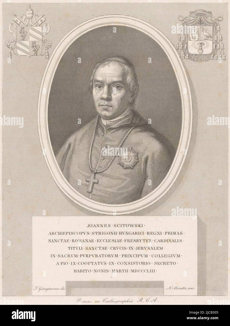 Portrait of Cardinal Jnos Scitovszky, print maker: Nicola Moneta, (mentioned on object), intermediary draughtsman: Tertulliano Giangiacomo, (mentioned on object), printer: Calcographia R.C.A., (mentioned on object), print maker: Italy, intermediary draughtsman: Italy, printer: Rome, in or after 1853, paper, engraving, h 210 mm - w 162 mm Stock Photo