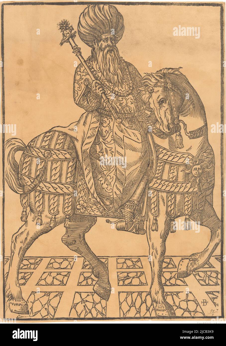 A bearded man with a turban and a staff, sitting on a horse, Man with turban on horseback, print maker: Giovanni Britto, (mentioned on object), Italy, c. 1510 - after 1550, paper, h 391 mm × w 277 mm Stock Photo