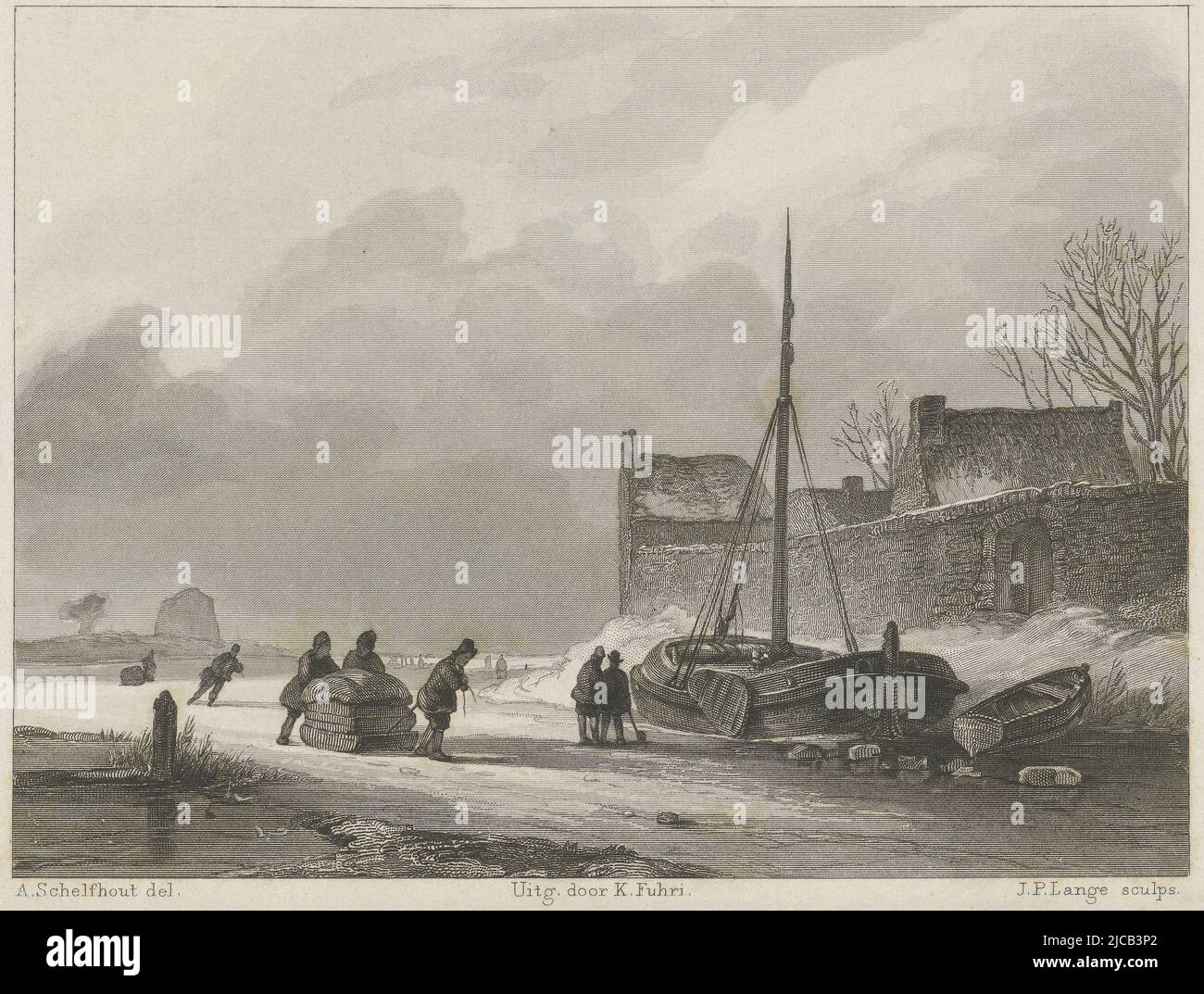 Winter scene with figures on ice, Winter scene, print maker: Johannes Philippus Lange, (mentioned on object), intermediary draughtsman: Andreas Schelfhout, (mentioned on object), publisher: Koenraad Fuhri, (mentioned on object), 1843, paper, steel engraving, h 92 mm × w 157 mm Stock Photo