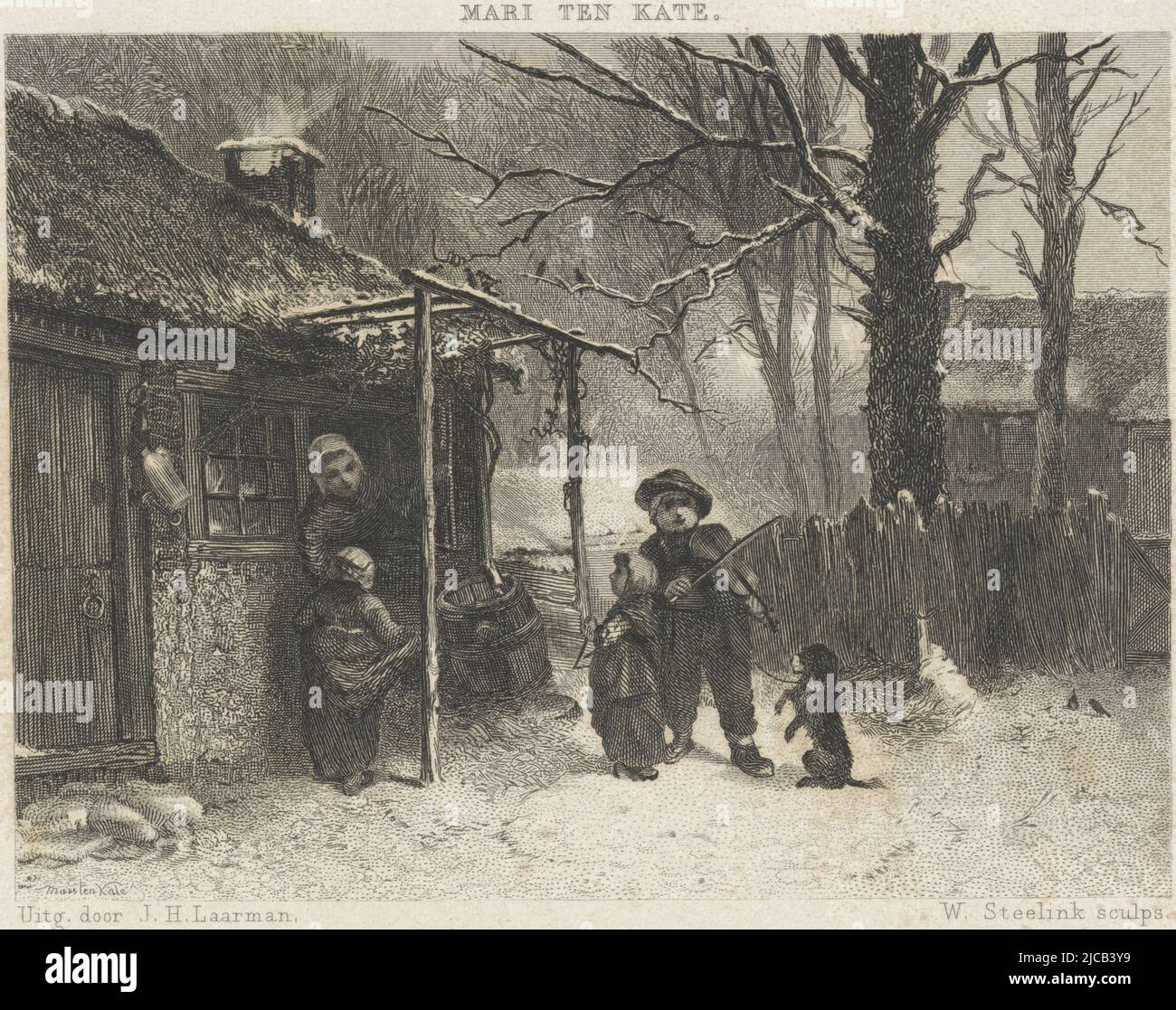Street musicians in the snow near a house A boy plays violin, a girl triangles They have a dancing dog with them A girl accepts a reward from a woman who hands her something from the window, Street Musicians, print maker: Willem Steelink (I), (mentioned on object), Mari ten Kate, (mentioned on object), publisher: J.H. Laarman, (mentioned on object), Amsterdam, 1866, paper, steel engraving, etching, h 95 mm × w 154 mm Stock Photo