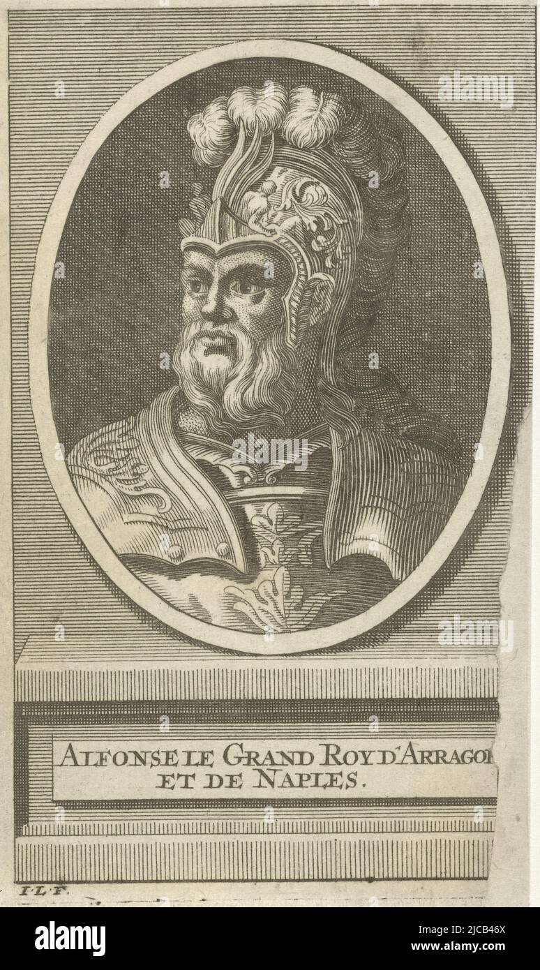 Portrait bust in oval to the right of Alfonso V the Magnificent, King of Aragon, with plumed helmet and clad in armor The portrait rests on a pedestal bearing the name of the person portrayed, Portrait of Alfonso V the Magnanimous Alfonse le Grand Roy d'Arragon et de Naples , print maker: Jan Lamsvelt, (mentioned on object), 1684 - 1743, paper, engraving, h 135 mm × w 80 mm Stock Photo