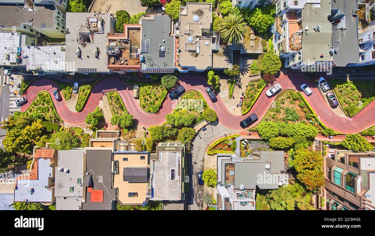 San Francisco view from above of Lombard Street winding brick road Stock Photo