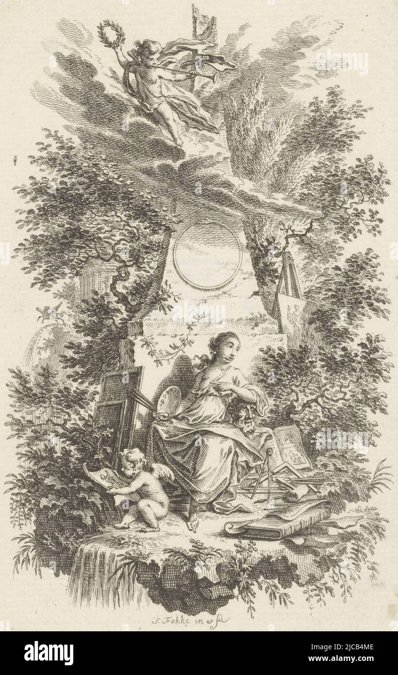 At the base of a memorial pole sits a woman with painting palette and brushes She leans on a portrait bust and is surrounded by drawing instruments, painting panels and books, Allegory of Painting, print maker: Simon Fokke, (mentioned on object), Simon Fokke, (mentioned on object), 1722 - 1784, paper, etching, h 155 mm - w 94 mm Stock Photo