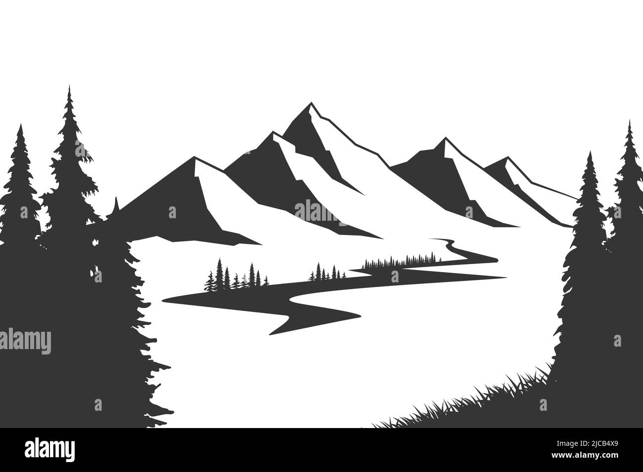 Mountain with pine trees and landscape black on white background ...