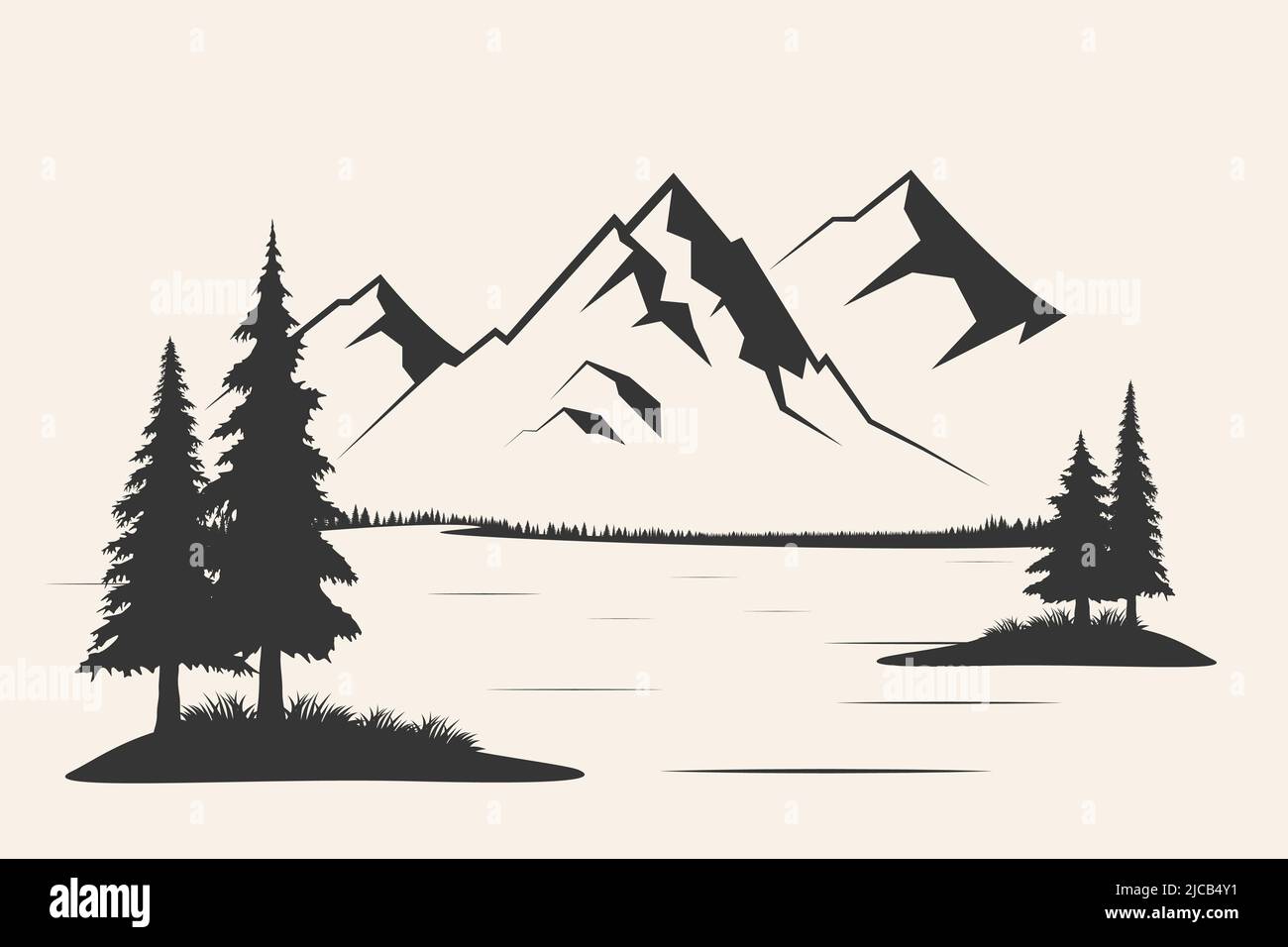 Mountain with pine trees and landscape black on white background ...