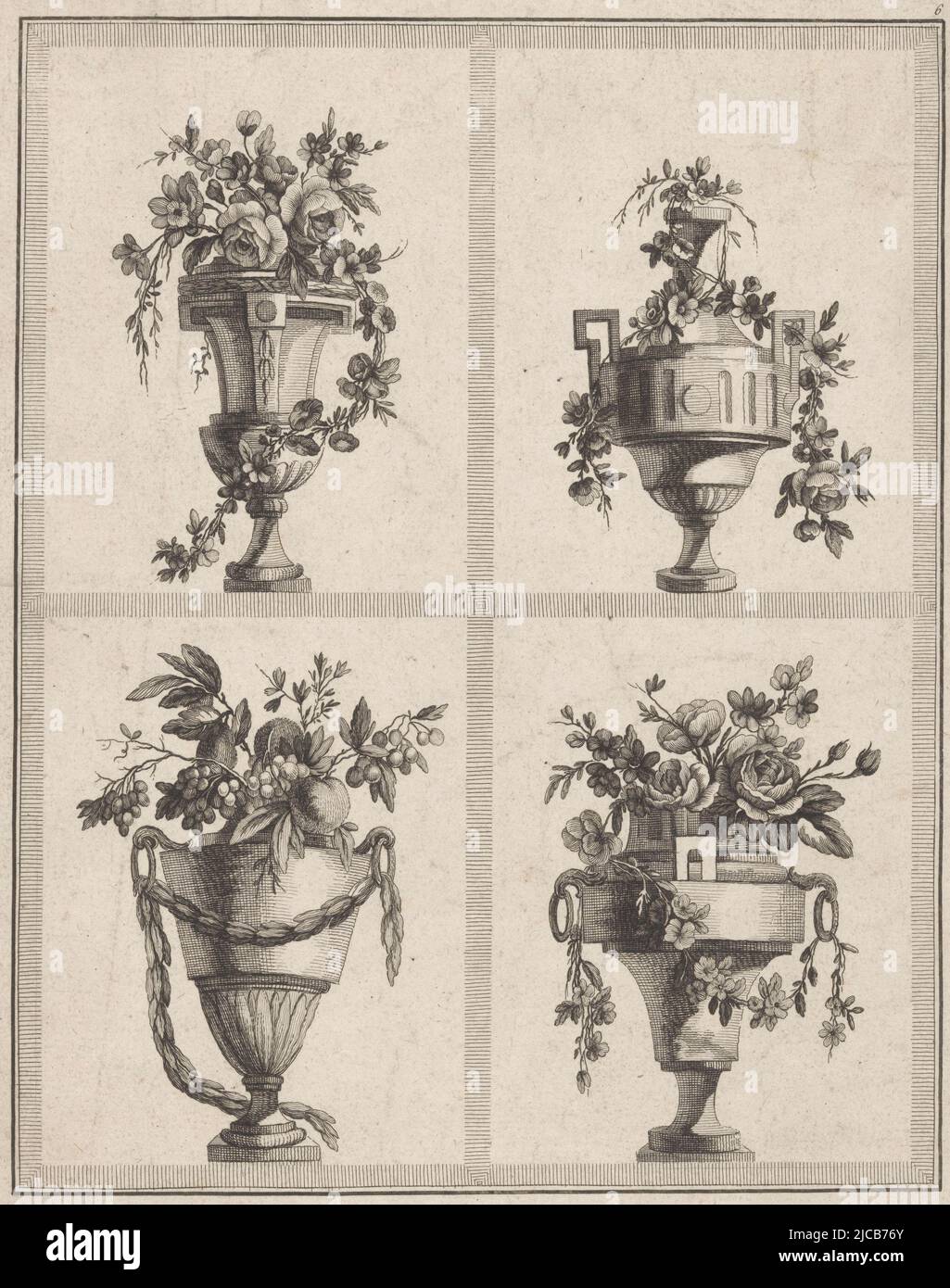Four ornamented vases with flowers and garlands, Four vases with ...