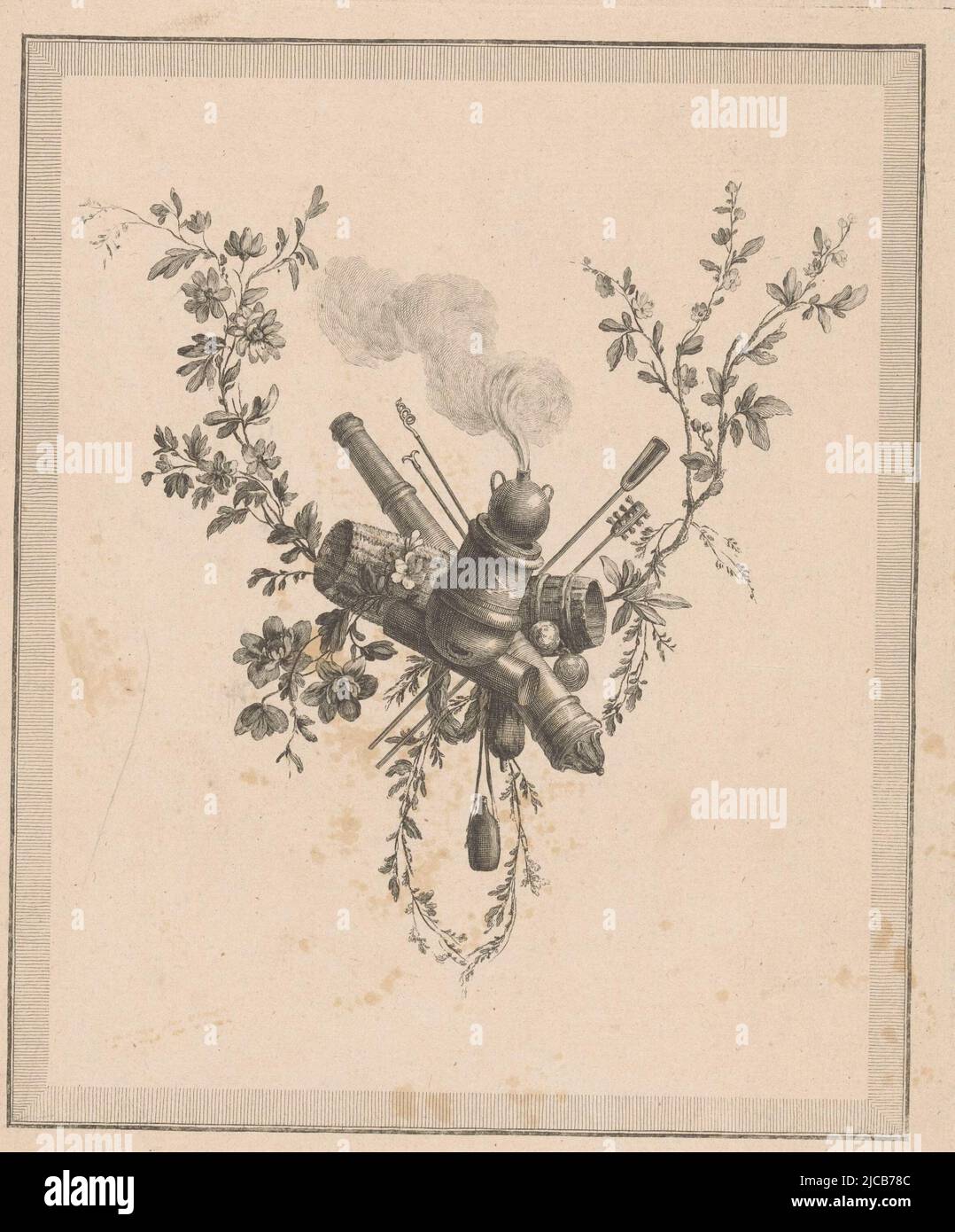 A trophy of arms with cannons and cannonballs Left and right flower ...