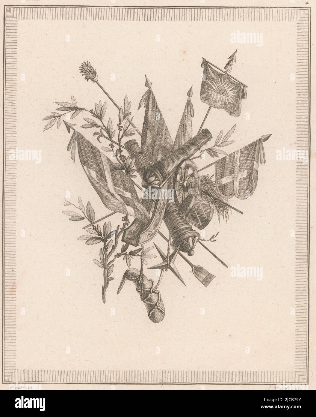 An armorial trophy with flags and cannons, Armorial Trophy 3rd Cahier de Troph, print maker: Etienne Claude Voysard, (mentioned on object), intermediary draughtsman: Pierre Ranson, (mentioned on object), publisher: Esnauts & Rapilly, Paris, 1778, paper, etching, h 283 mm × w 220 mm Stock Photo