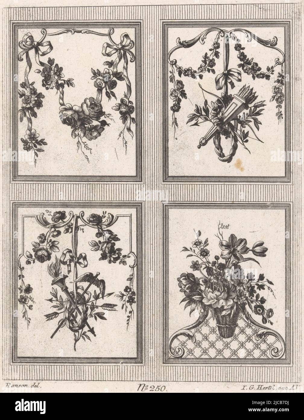 Top left a garland with flowers and bows Upper right a trophy with