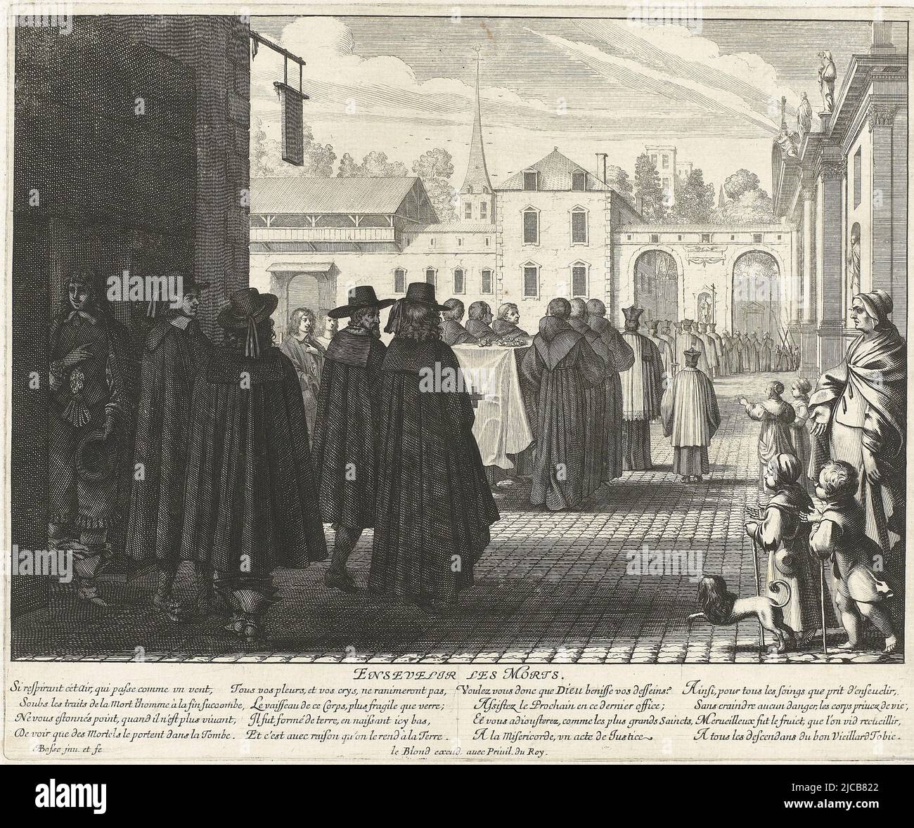 Funeral procession where the gentlemen in the foreground, seen from behind, are dressed in black mourning clothes Monks and priests walk in front of the bier On the right, citizens looking on, Burying the Dead Ensevelir les Morts  Les sept oeuvres de mis, print maker: Abraham Bosse, (mentioned on object), Abraham Bosse, (mentioned on object), publisher: Jean Leblond (I), (mentioned on object), Paris, 1640 - 1642, paper, engraving, etching, h 260 mm × w 314 mm Stock Photo
