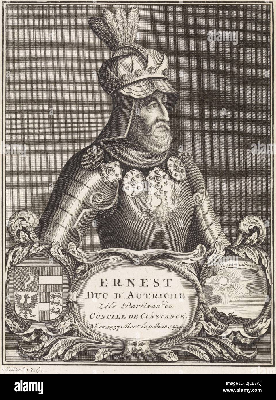 Portrait of Ernst I of Habsburg, Archduke of Austria The cartouche below his portrait is flanked by his coat of arms and a depiction of a landscape with a crescent moon, Portrait of Ernst I of Habsburg, Archduke of Austria, print maker: Matthijs Pool, (mentioned on object), Amsterdam, 1727, paper, engraving, etching, h 205 mm × w 149 mm Stock Photo