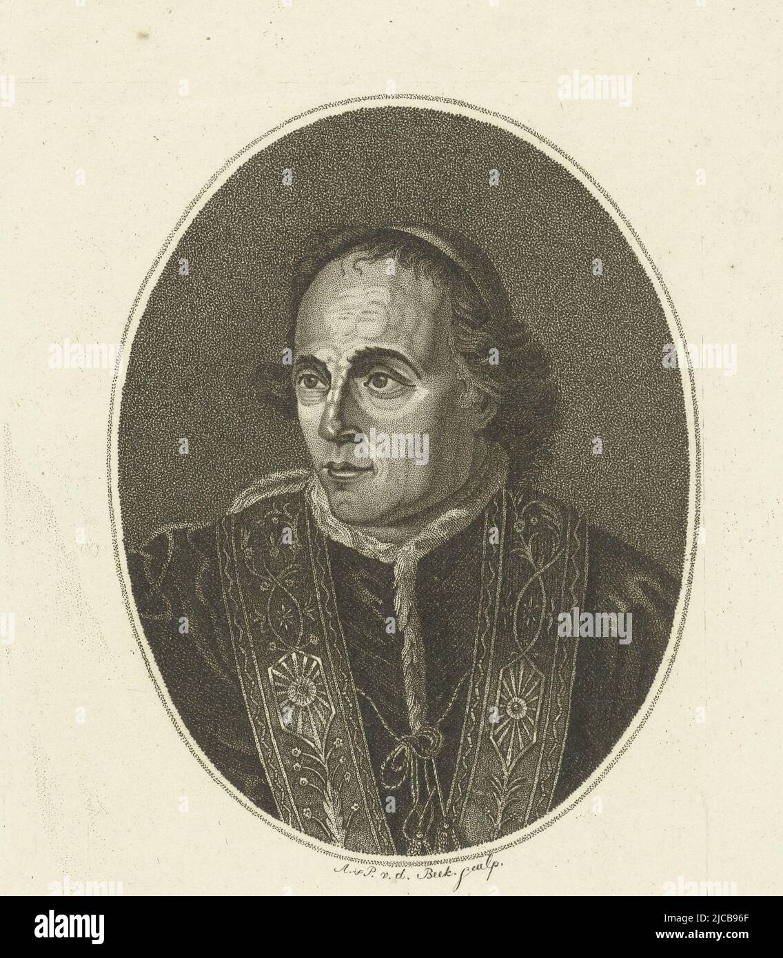Portrait of Pope Pius VII Pius sept pont max , print maker: Antonie en Pieter van der Beek, (mentioned on object), publisher: J.W. Robyns, (mentioned on object), 1795 - 1821, paper, etching, h 221 mm × w 136 mm Stock Photo