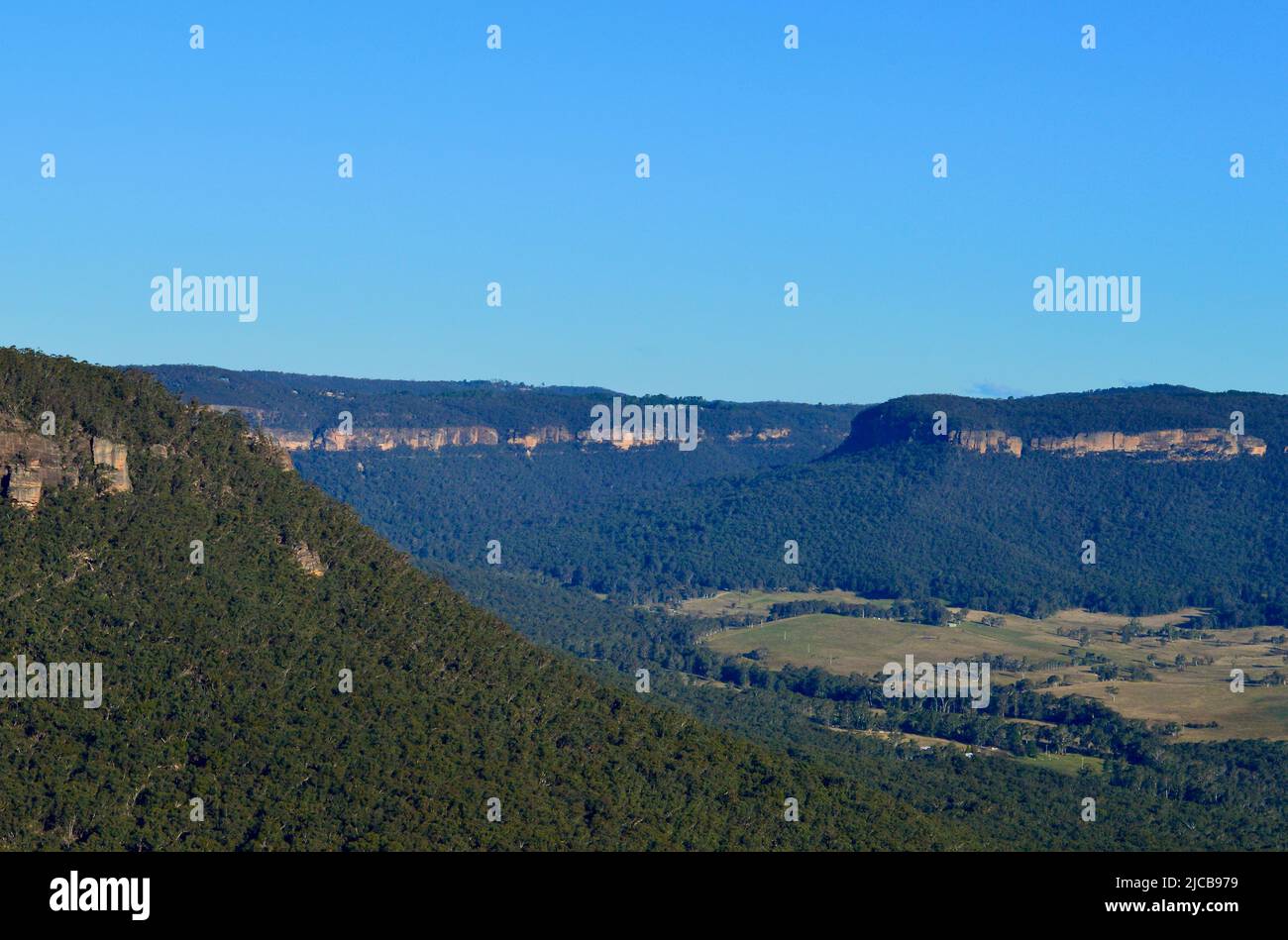 A view from Mitchell Pass Lookout at Mt Victoria in the Blue Mountains of Australia Stock Photo