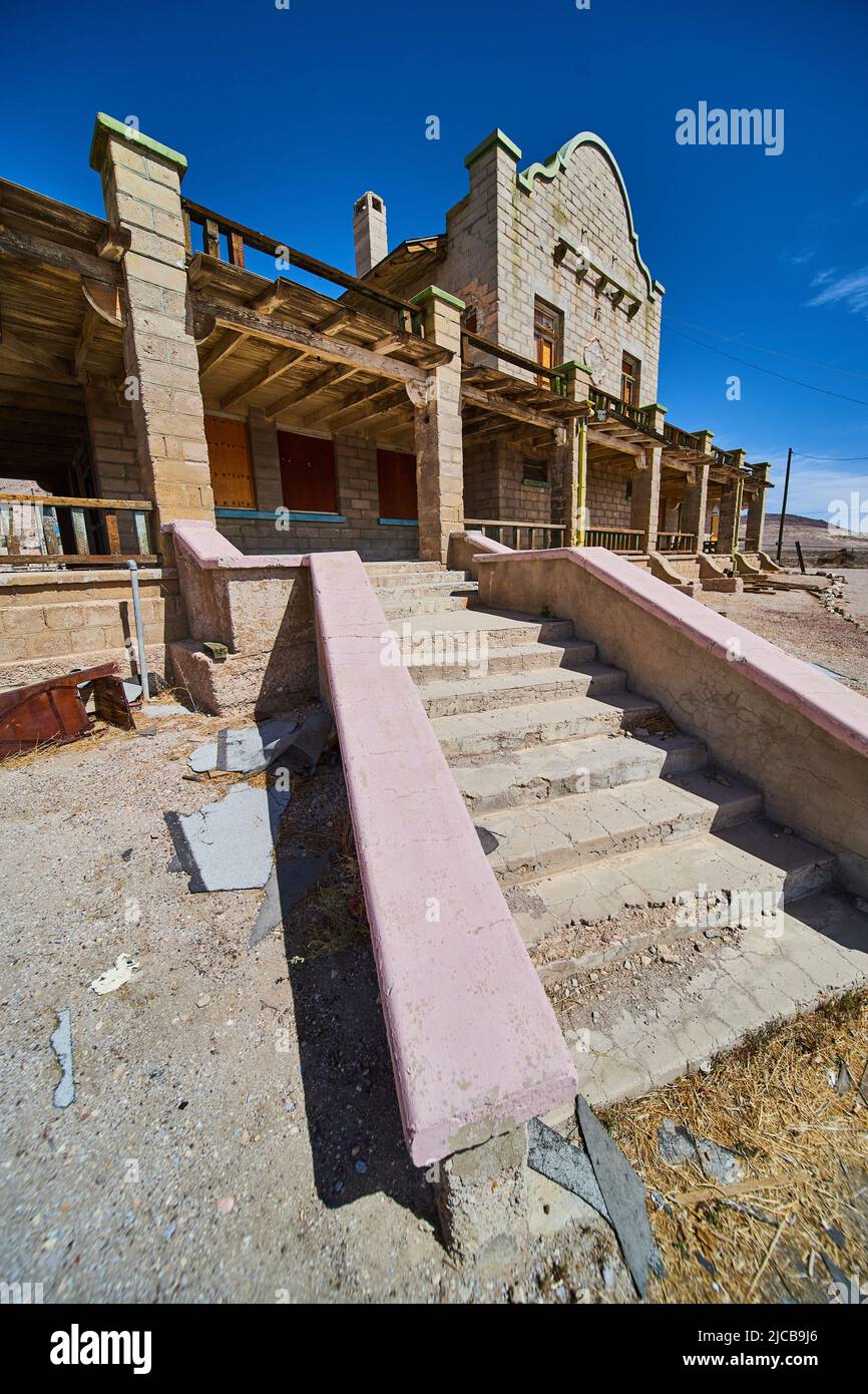 Staircase to abandoned train station in desert ghost town Stock Photo