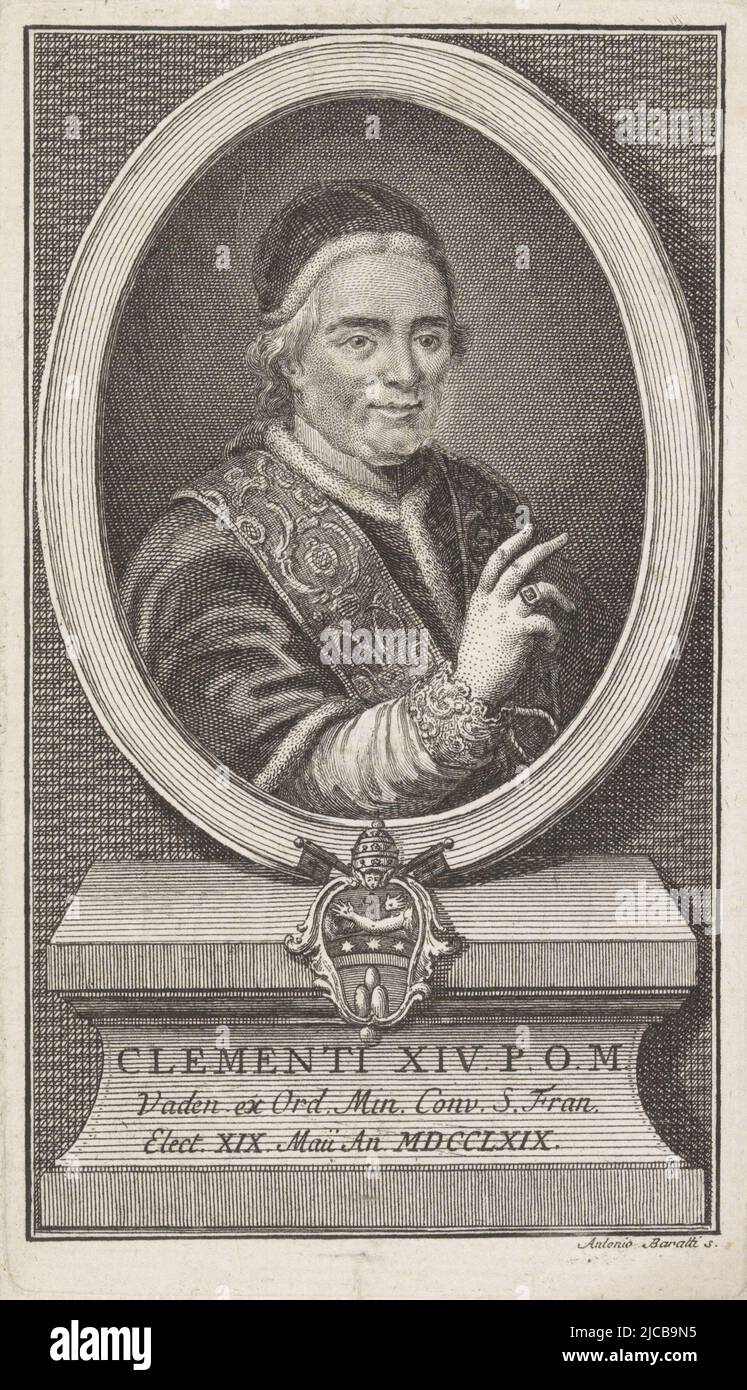 Portrait of Pope Clement XIV, print maker: Antonio Baratta, (mentioned on object), Italy, 1734 - 1787, paper, engraving, h 155 mm × w 90 mm Stock Photo