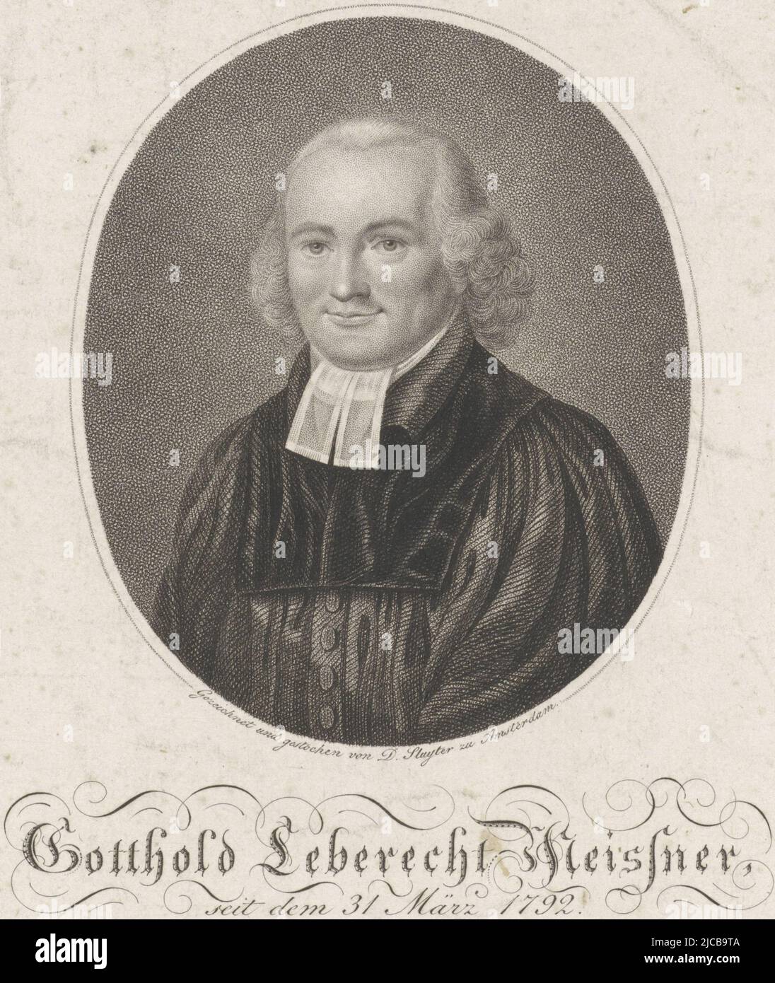 Portrait of German preacher Gotthold Leberecht Meissner presented by his children and foster children on the occasion of his 25th wedding anniversary with JT Wilhelmine Mehscheder on June 24, 1818, Portrait of Gotthold Leberecht Meissner, print maker: Dirk Sluyter, (mentioned on object), intermediary draughtsman: Dirk Sluyter, (mentioned on object), Amsterdam, 1818, paper, etching, engraving, h 272 mm × w 204 mm Stock Photo