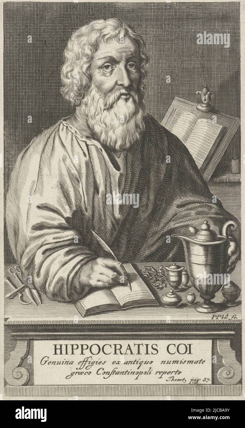 The Greek physician Hippocrates of Kos in his study room, writing with a feather in a book On his writing table are some medical instruments, Portrait of Hippocrates of Kos, print maker: Pieter Philippe, (mentioned on object), The Hague, 1635 - 1702, paper, engraving, letterpress printing, h 167 mm × w 103 mm Stock Photo