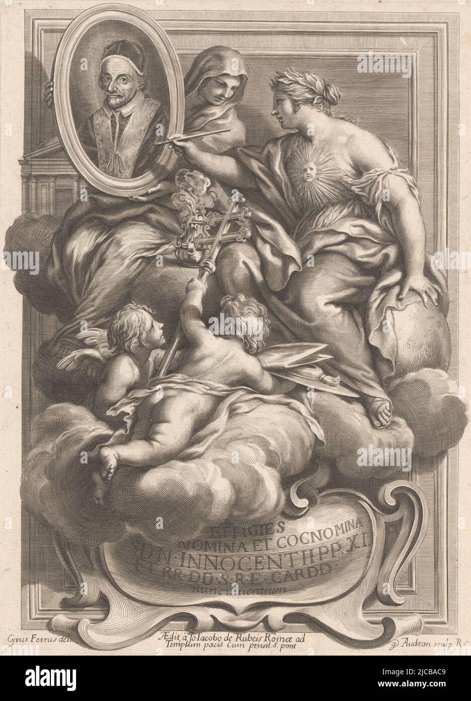 Representation with allegorical figures on a cloud A figure with laurel wreath, sun shield and globe paints the portrait of Pope Innocent XI while the portrait is supported by a veiled woman At their feet several putti with papal attributes, Pope Innocent XI with allegorical figures Effigies nomina et cocnomina SDN Innocentii PP XI  , print maker: Gérard Audran, (mentioned on object), intermediary draughtsman: Ciro Ferri, (mentioned on object), publisher: Giovanni Giacomo de'Rossi, (mentioned on object), print maker: Rome, publisher: Rome, Vaticaanstad, 1667 - 1670, paper, engraving, h 274 mm Stock Photo