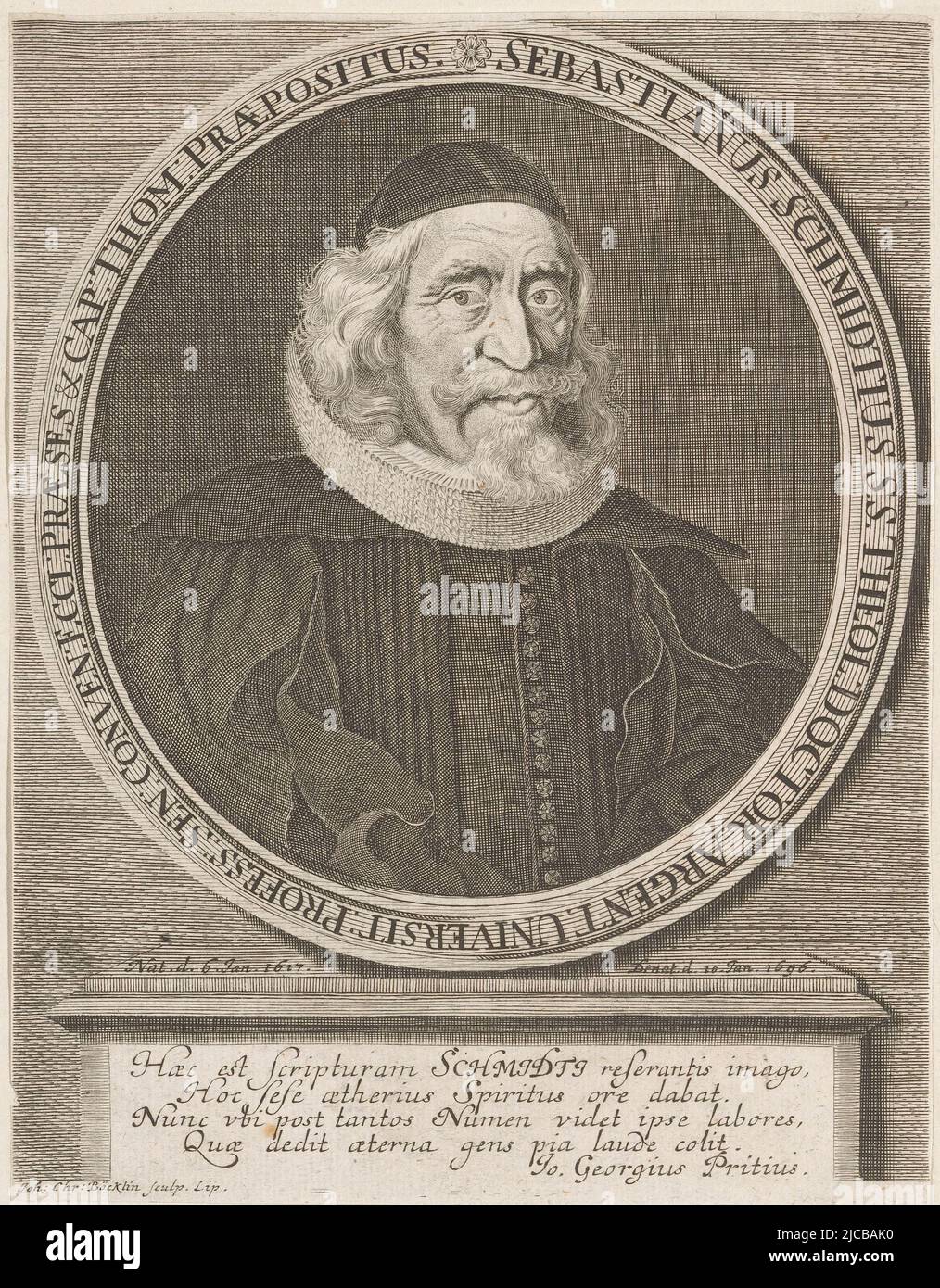 Portrait of Sebastian Schmidt, print maker: Johann Christoph Boecklin, (mentioned on object), Johann Georg Pritius, (mentioned on object), Leipzig, 1696 - 1709, paper, engraving, h 188 mm - w 145 mm Stock Photo