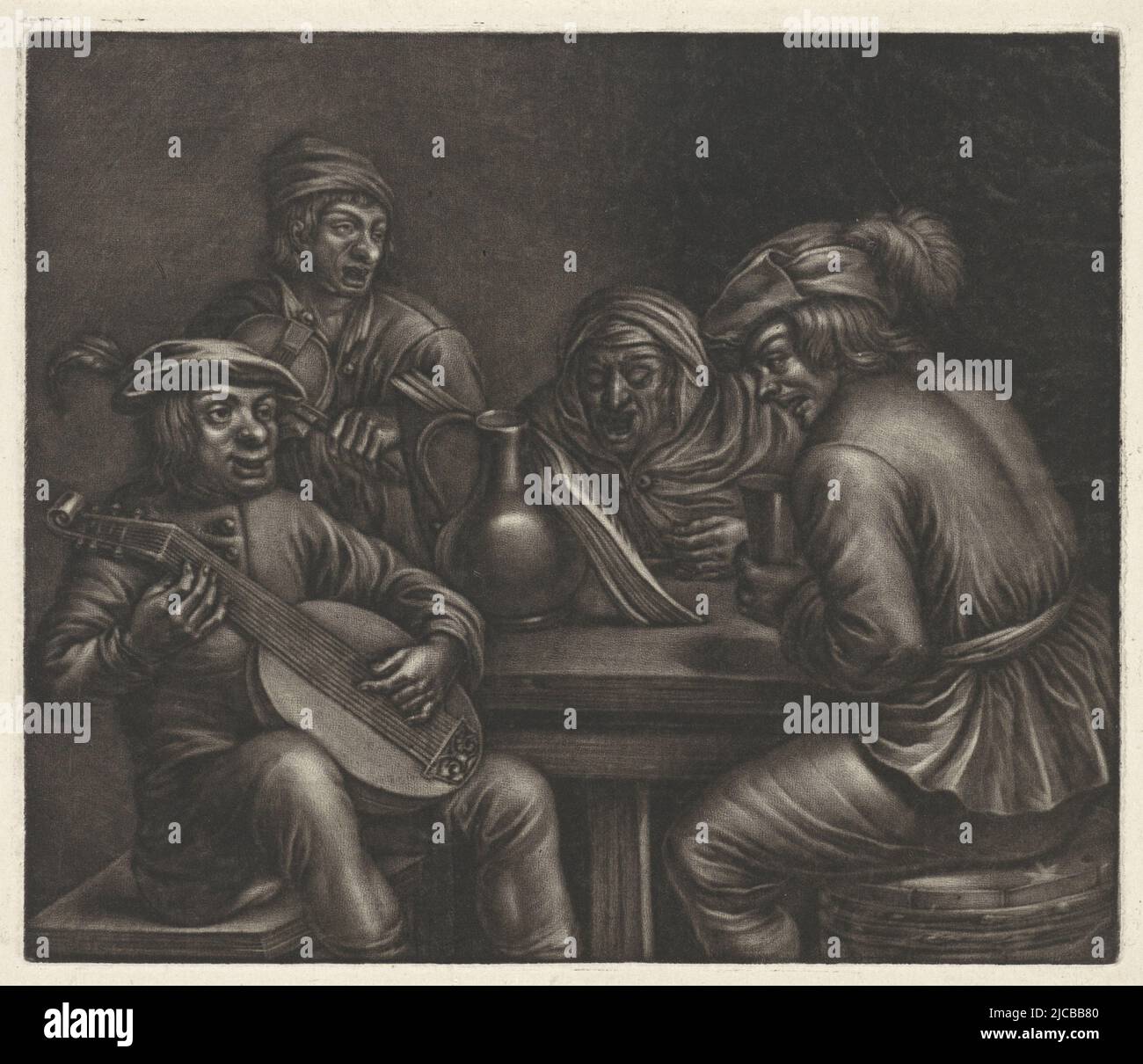 A fiddler, a lute player and two singers make music together around a table, Men making music at