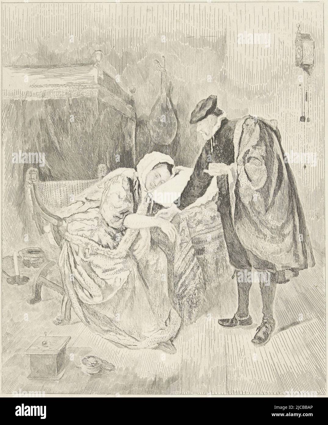 The sick woman, print maker: Johannes Arnoldus Boland, after: Jan Havicksz. Steen, print maker: Petrus Johannes Arendzen, (rejected attribution), Amsterdam, c. 1860 - c. 1900, paper, etching, h 272 mm × w 238 mm Stock Photo