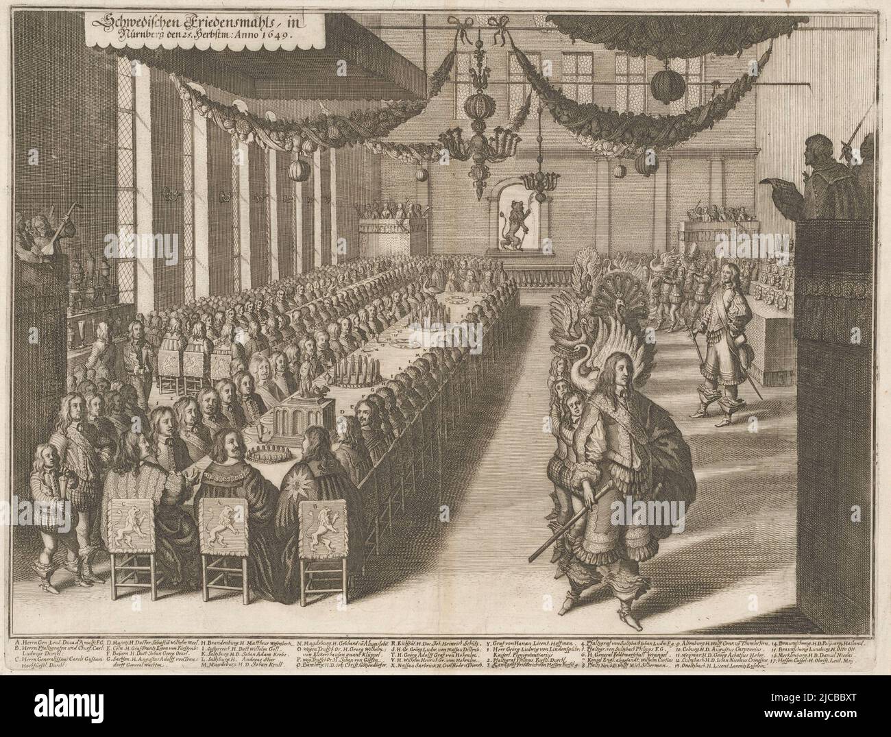 Banquet offered by the Swedish Commander-in-Chief and later King Karl Gustav, in Nuremberg on the occasion of the Peace of Westphalia, 25 September 1649 The guests seated at long tables in the hall of the Council House Below are the names of those seated at the first table The dishes are carried in a long procession Various bird pasties, Banquet in Nuremberg, 1649 Schwedischen Friedensmahls, in Nuremberg den 25 herbstm: Anno 1649, print maker: anonymous, print maker: Matthäus Merian, (possibly), after: Joachim von Sandrart (I), (possibly), Germany, 1650 - 1663, paper, etching, engraving, h 302 Stock Photo