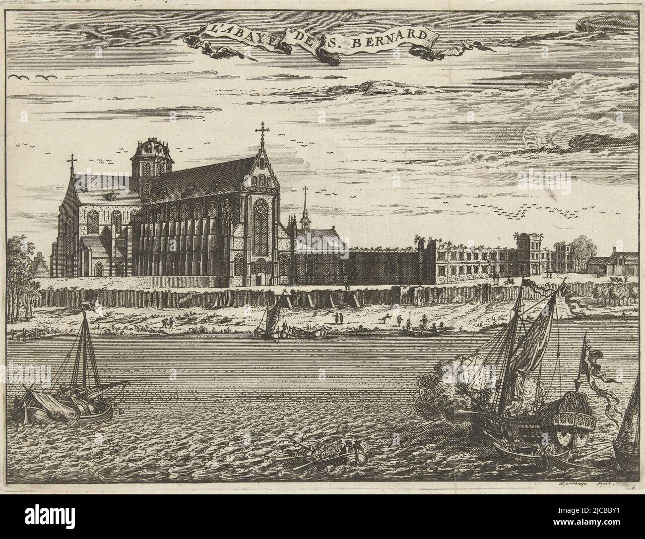 View of a church and the walls of an abbey on a waterfront Top of title on a ribbon, Saint Bernard Abbey L'abaye de S Bernard , print maker: Jacobus Harrewijn, (mentioned on object), Low Countries, 1682 - 1730, paper, etching, h 150 mm × w 199 mm Stock Photo