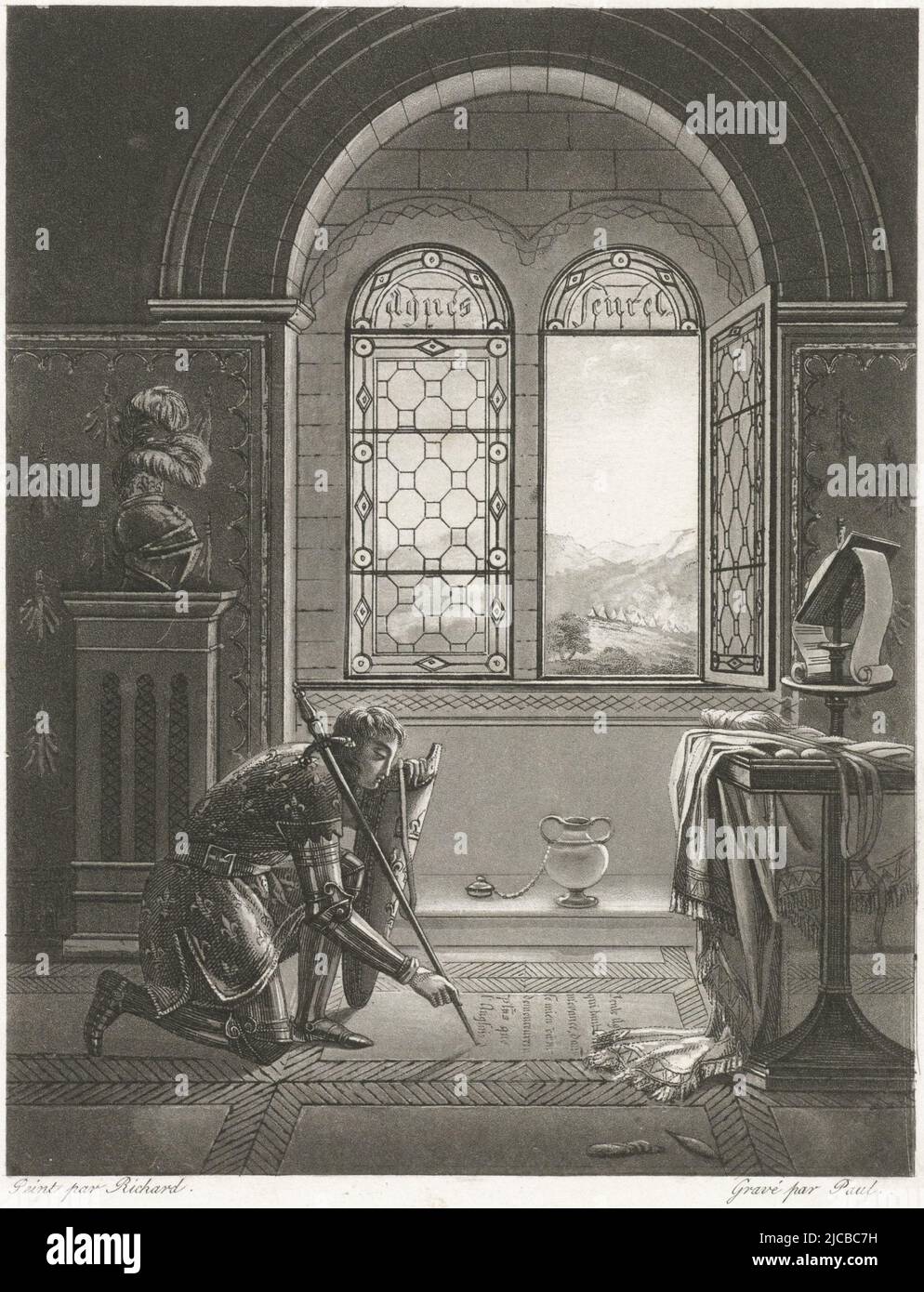 Castle room with Joan of Arc in armor She scratches a French text about the English into the stone floor with her lance The stained glass window bears the name of Agnes Sorel Agnes Seurel, the mistress of Charles VII of France, Castle Room with Joan of Arc, print maker: Paul (graveur), (mentioned on object), after: Richard, (mentioned on object), France, 1750 - 1850, paper, etching, h 169 mm × w 144 mm Stock Photo