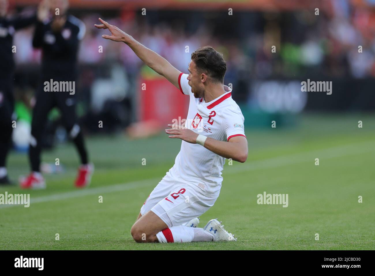 Rotterdam, Netherlands. 11th June, 2022. Matty Cash of Poland celebrates  for scoring during the UEFA Nations League league A football match between  the Netherlands and Poland in Rotterdam, the Netherlands, on June