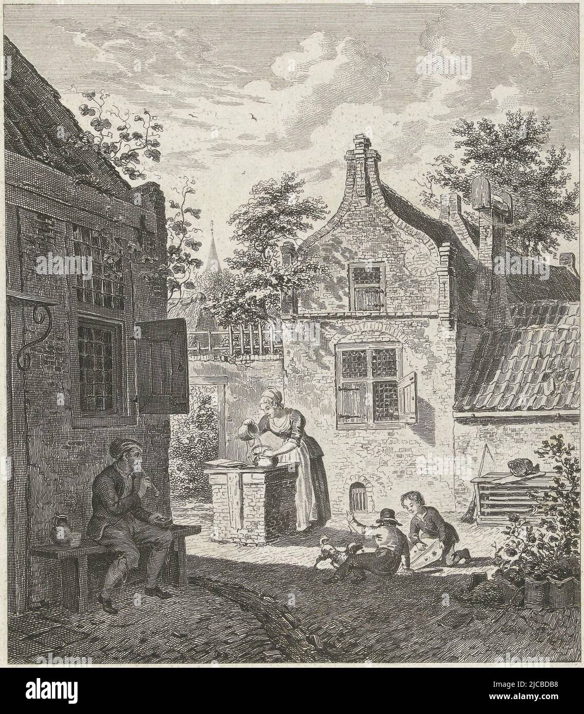 Courtyard with man smoking pipe on bench and woman filling kettle with water from well Two children playing with a dog pulling the string of a kite, Courtyard with man and woman and children playing, print maker: Johannes Alexander Rudolf Best, Amsterdam, 1807 - 1855, paper, etching, h 269 mm × w 223 mm Stock Photo