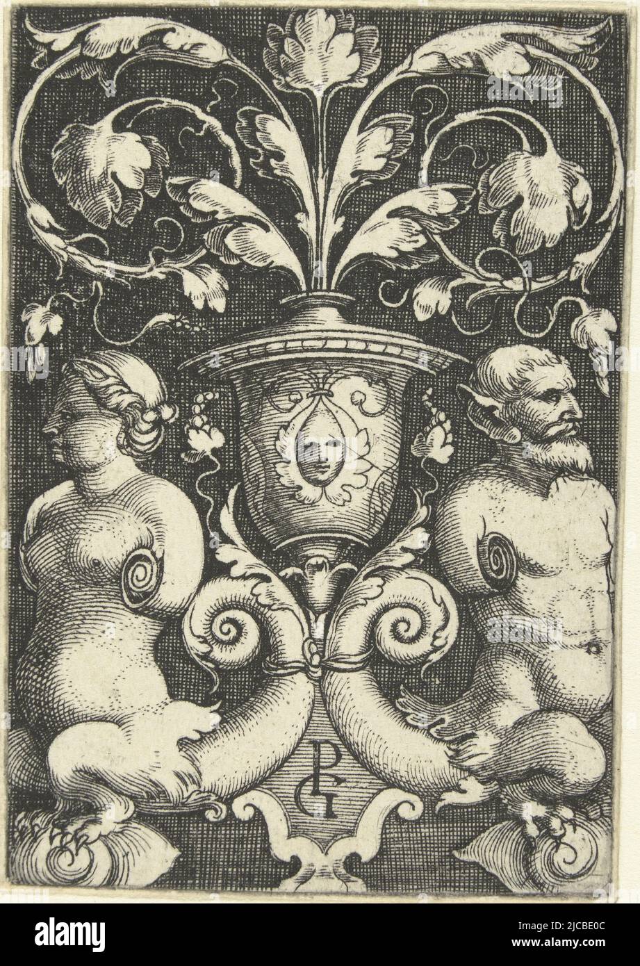 The nereid left and the triton right are seated on a snail on either side of a vase with leafy vines Shaded background One of two leaves, Nereid and a triton Plane decorations with grotesques and leafy vines , print maker: Georg Pencz, (mentioned on object), Georg Pencz, (mentioned on object), publisher: anonymous, Germany, (possibly), 1510 - 1550, paper, engraving, h 69 mm × w 47 mm Stock Photo