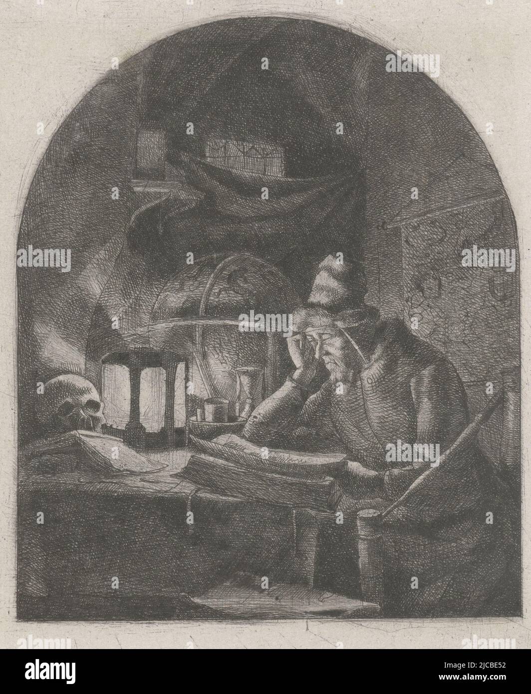 A niche with a scholar sitting at his desk The room is lit by a lantern The man is reading a book, Scholar in his study, print maker: Jacobus Ludovicus Cornet, designer: Jacobus Ludovicus Cornet, Leiden, 1825 - 1882, paper, etching, w 102 mm × h 119 mm Stock Photo