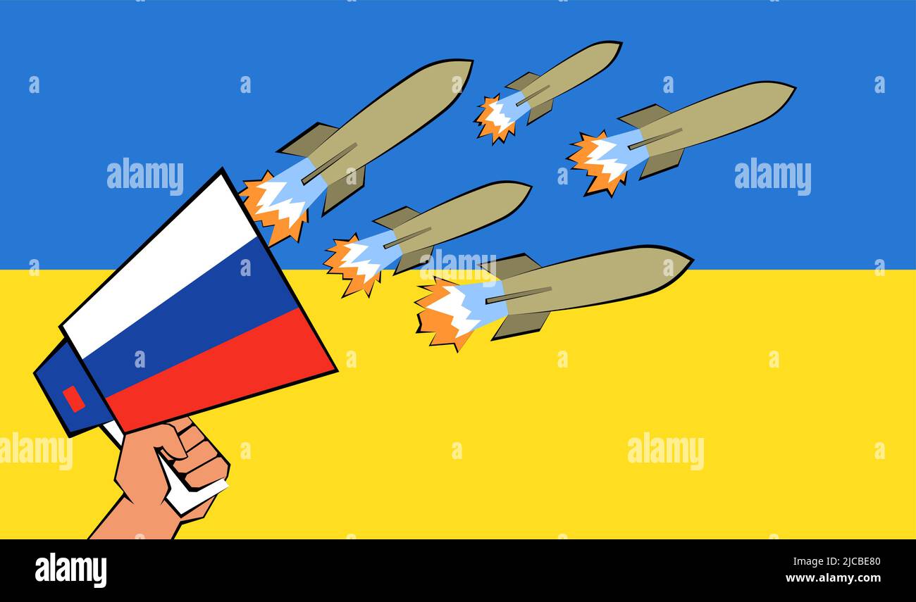 Hand holding megaphone with Russian flag and flying missile rocket. Attack of hatred, disinformation and violence on flag of Ukraine from agitator flat vector illustration. Fake war news concept Stock Vector