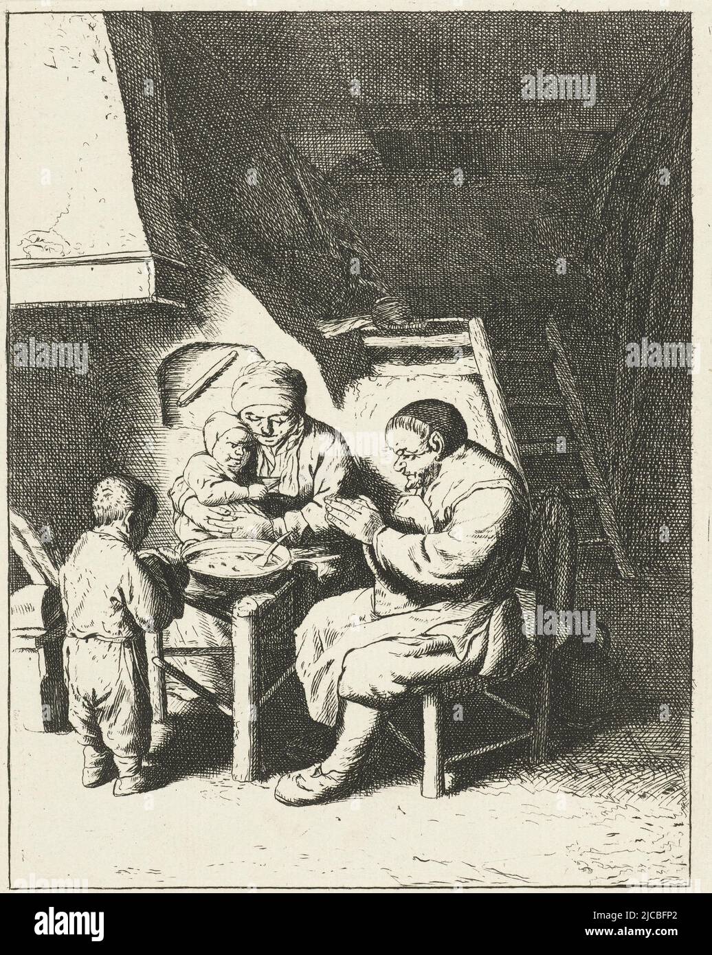 Copy after print by Adriaen van Ostade with image reversed, Family at table before meal, Adriaen van Ostade, print maker: anonymous, 1653 - 1745, paper, etching, h 184 mm × w 138 mm Stock Photo
